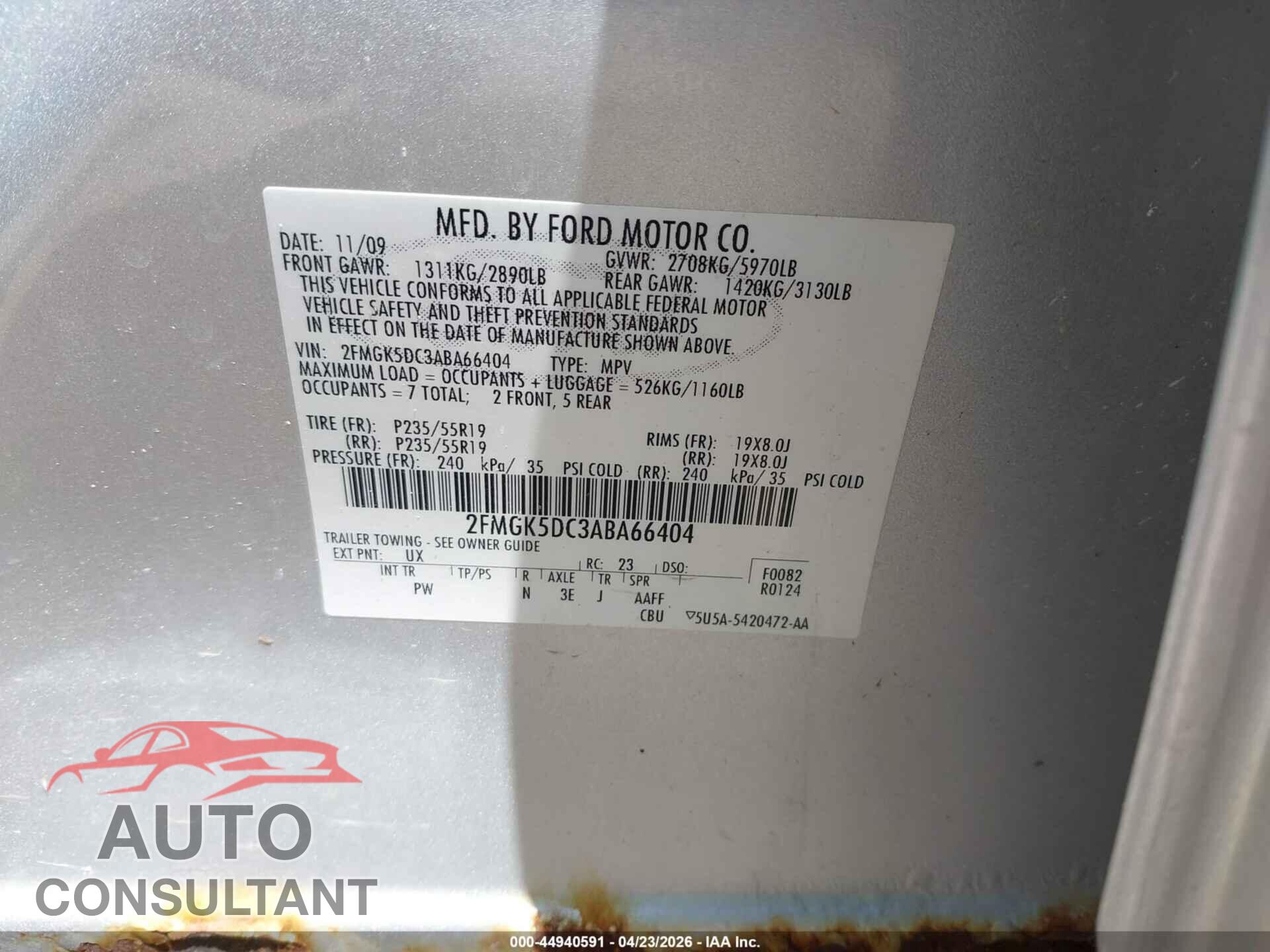 FORD FLEX 2010 - 2FMGK5DC3ABA66404