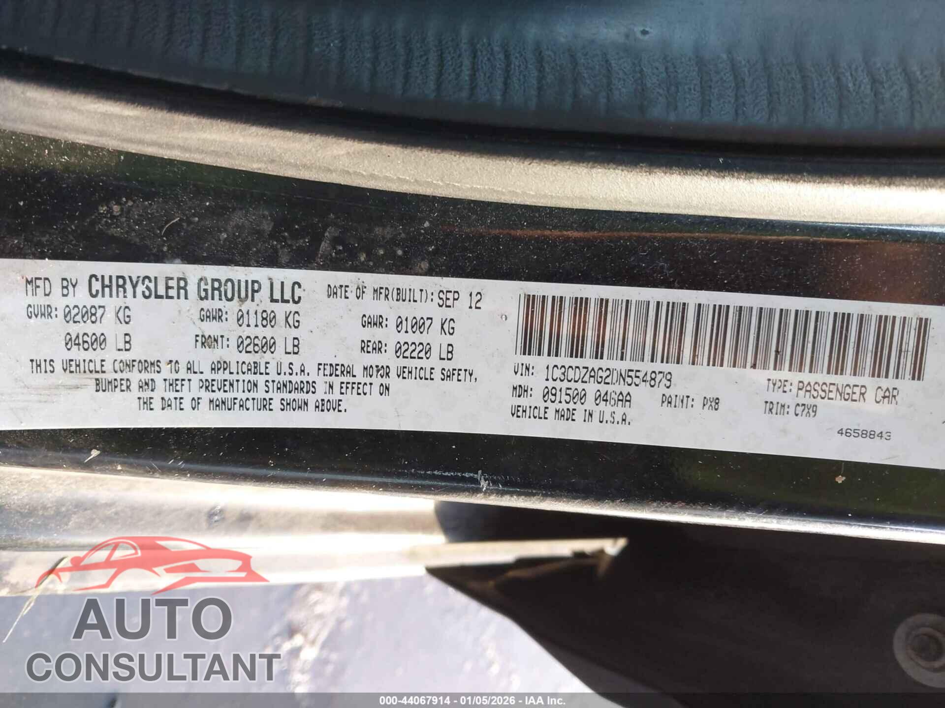 DODGE AVENGER 2013 - 1C3CDZAG2DN554879