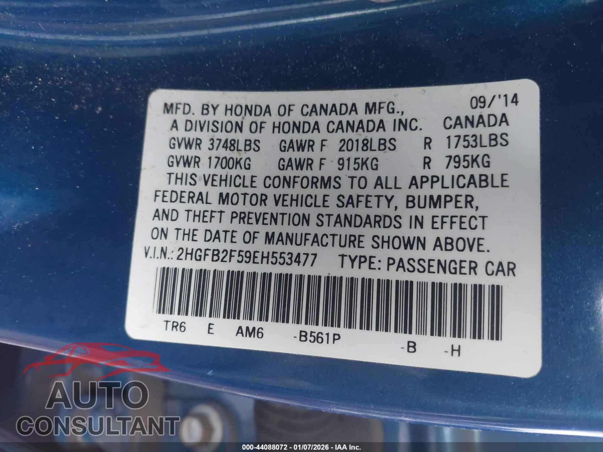 HONDA CIVIC 2014 - 2HGFB2F59EH553477