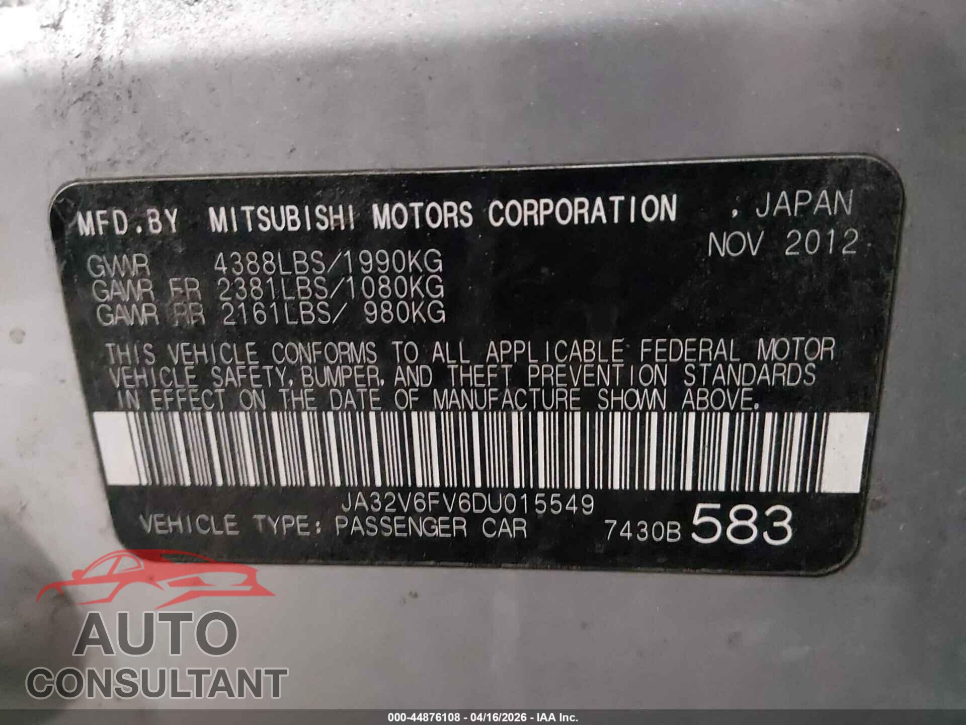 MITSUBISHI LANCER 2013 - JA32V6FV6DU015549