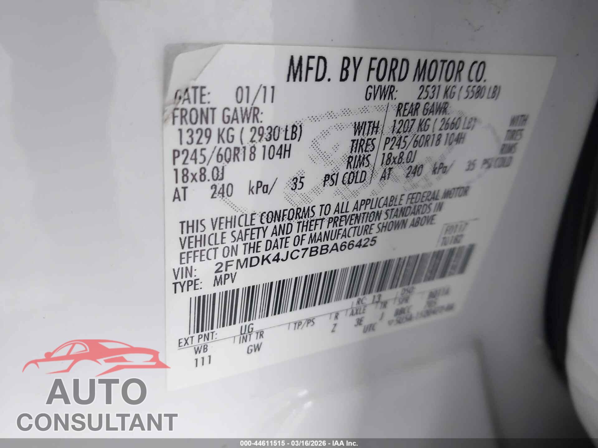 FORD EDGE 2011 - 2FMDK4JC7BBA66425