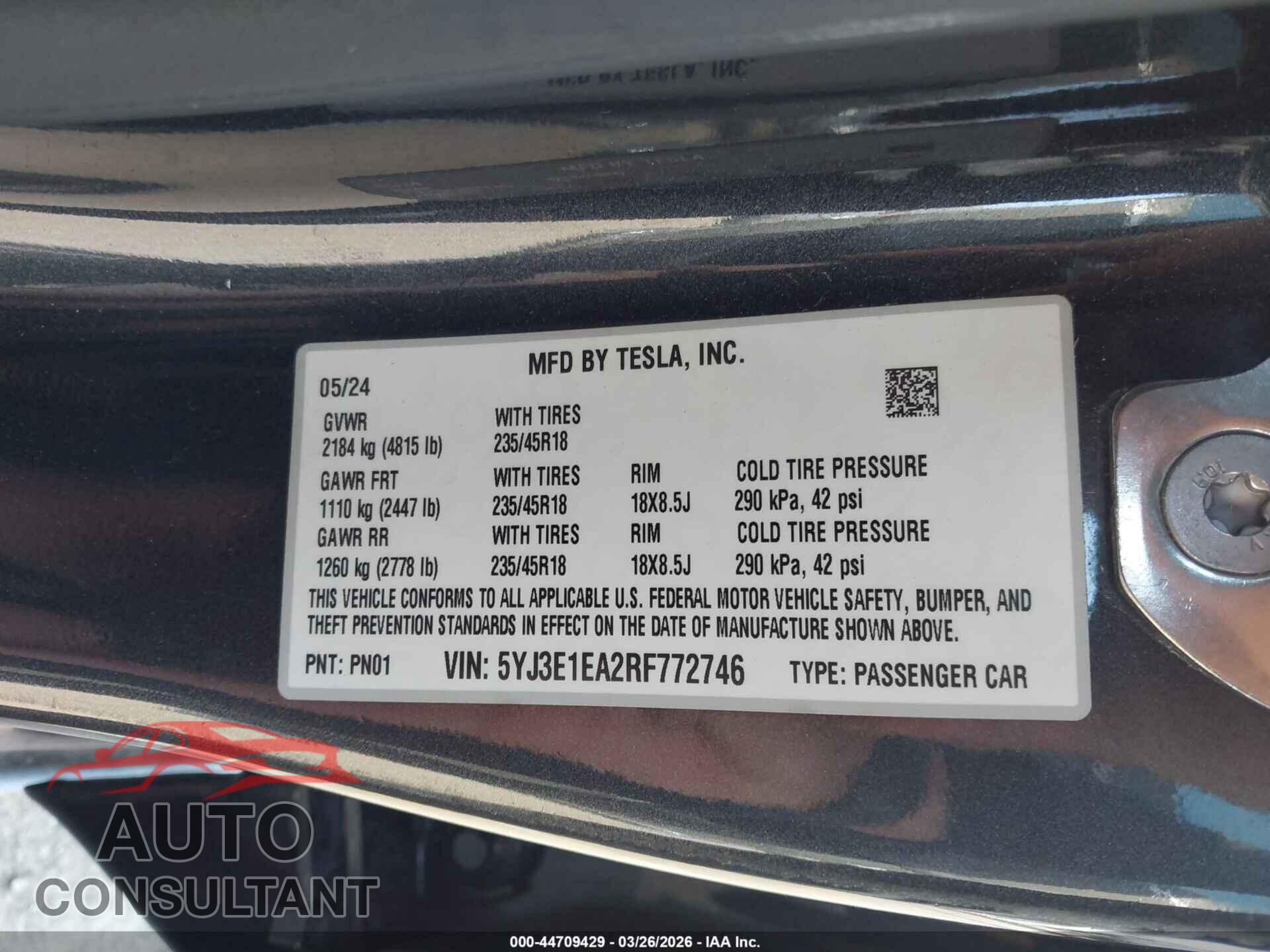 TESLA MODEL 3 2024 - 5YJ3E1EA2RF772746
