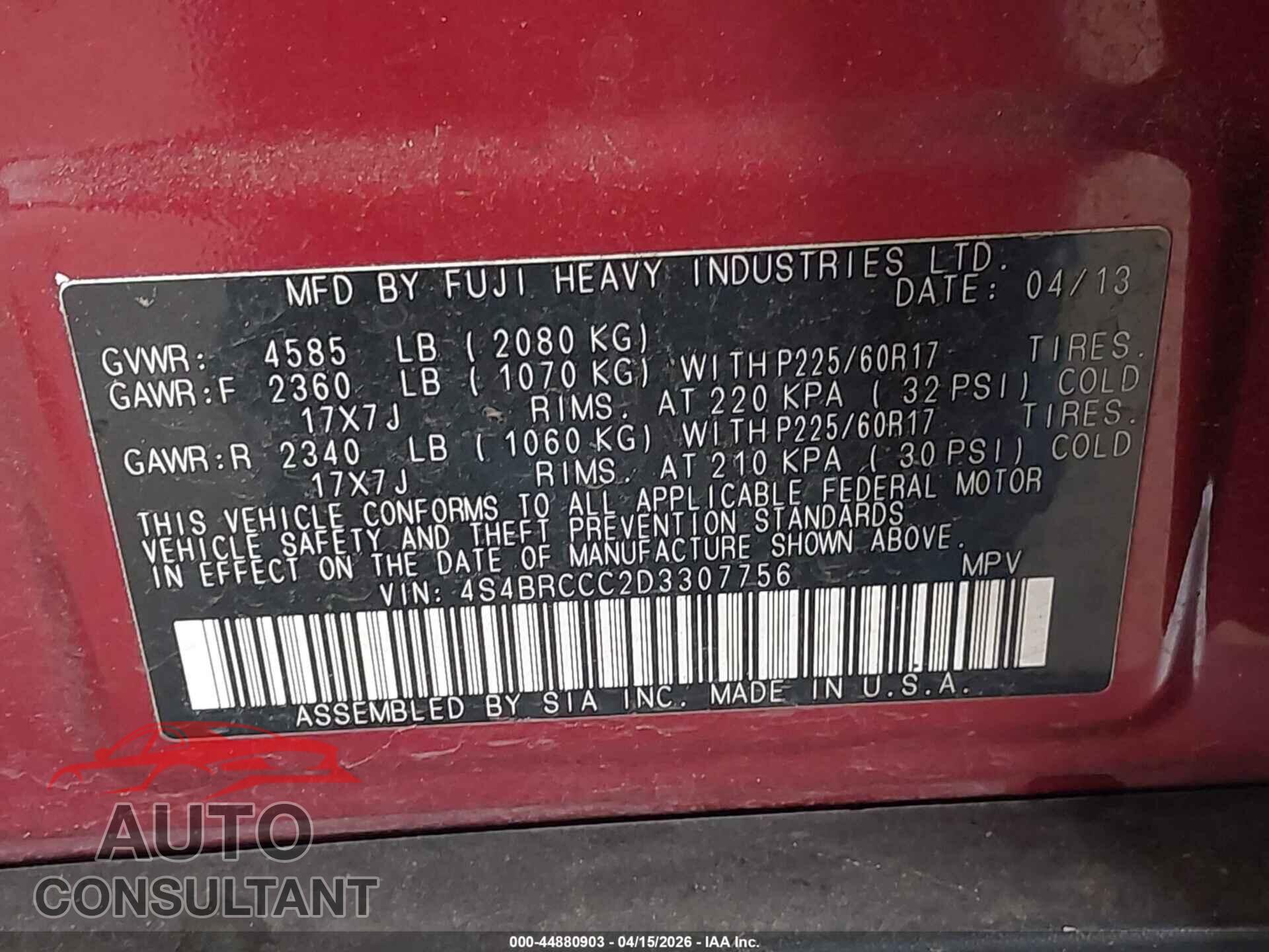 SUBARU OUTBACK 2013 - 4S4BRCCC2D3307756