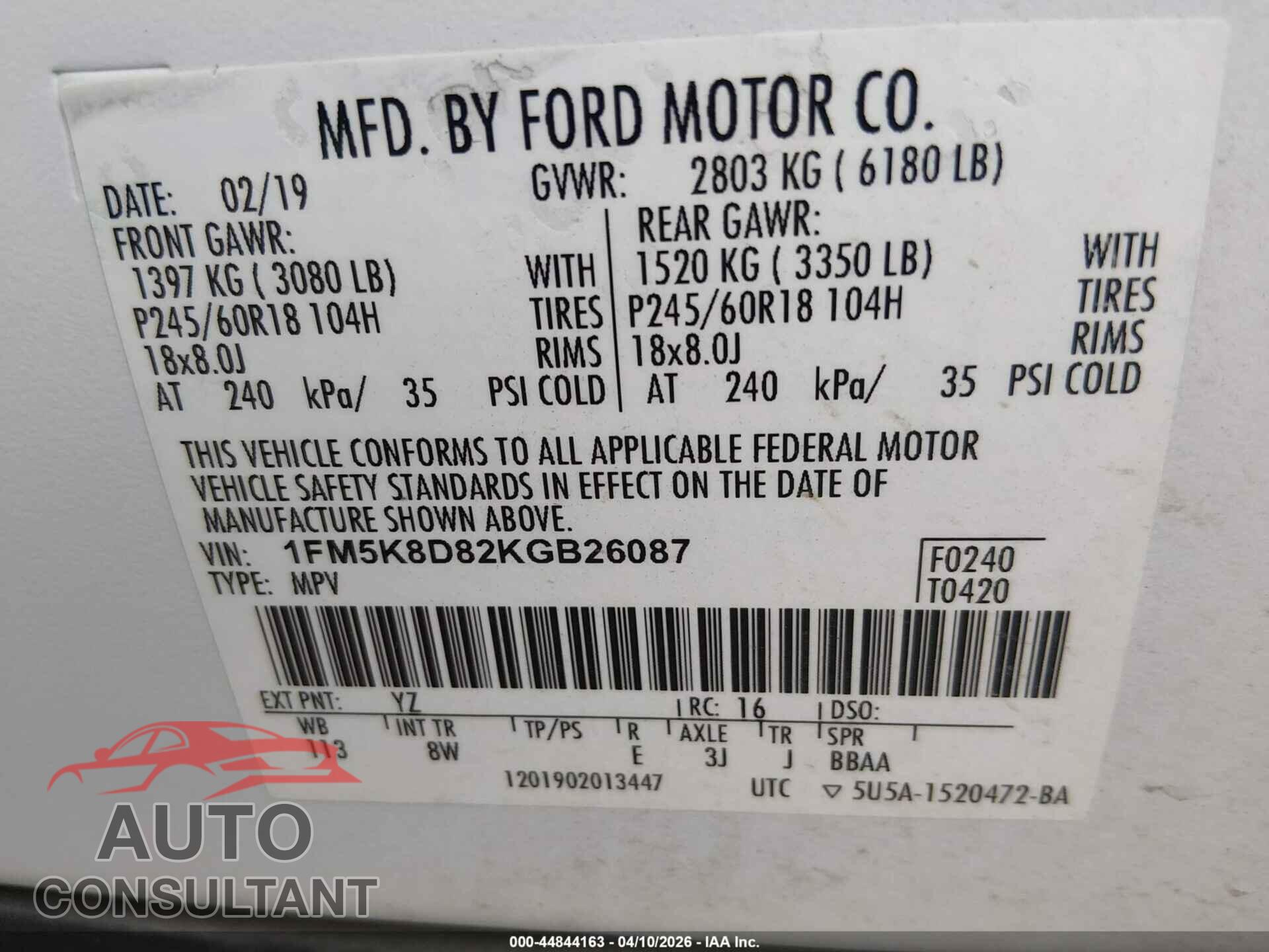 FORD EXPLORER 2019 - 1FM5K8D82KGB26087