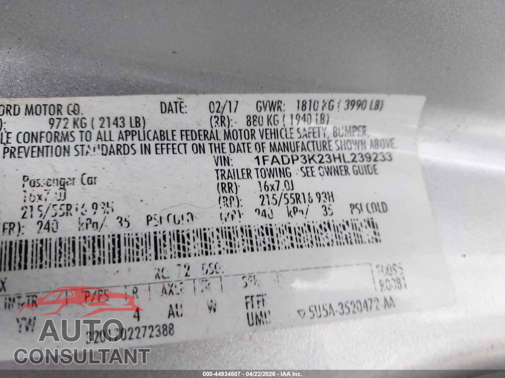 FORD FOCUS 2017 - 1FADP3K23HL239233
