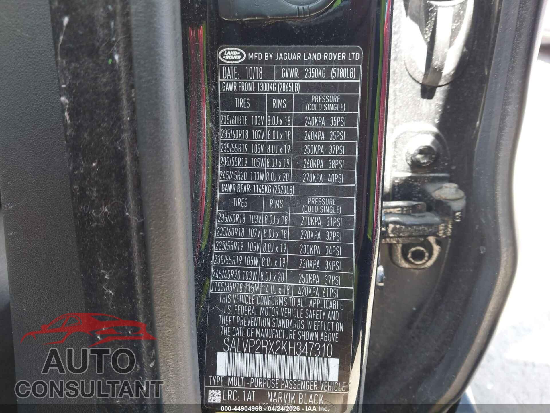 LAND ROVER RANGE ROVER EVOQUE 2019 - SALVP2RX2KH347310