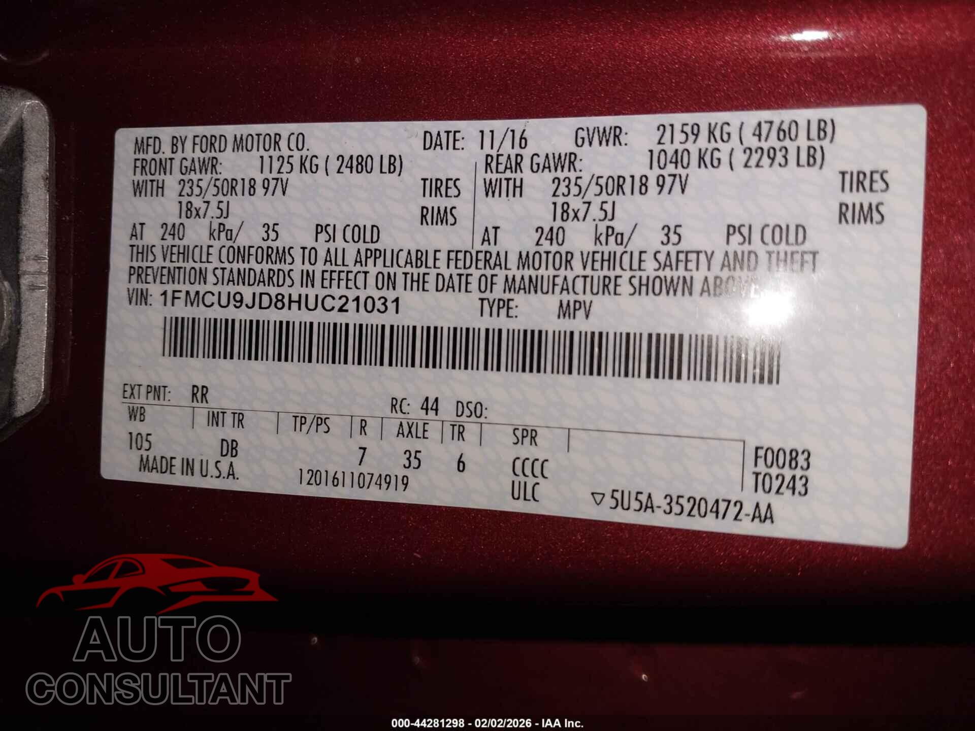 FORD ESCAPE 2017 - 1FMCU9JD8HUC21031