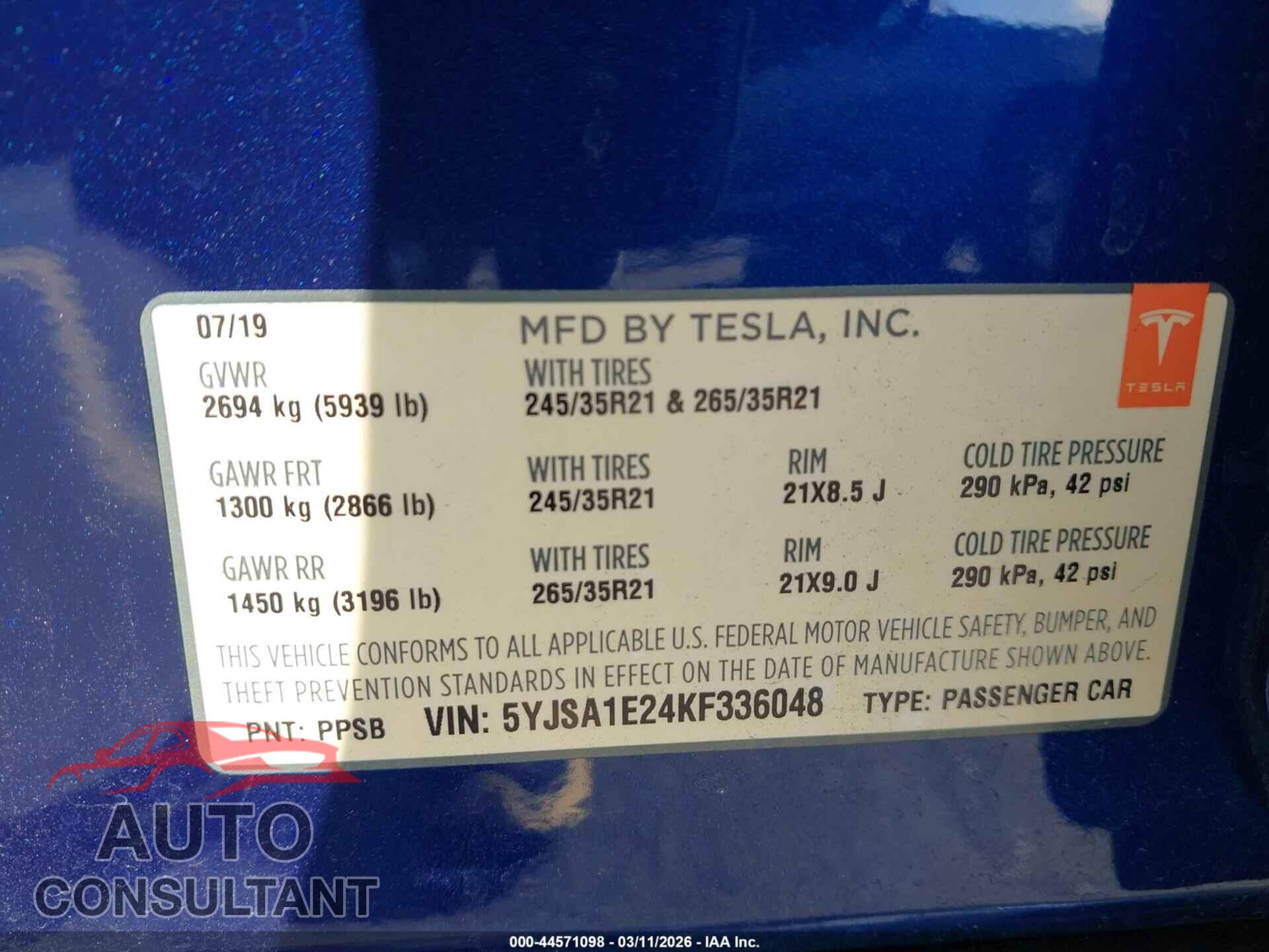 TESLA MODEL S 2019 - 5YJSA1E24KF336048