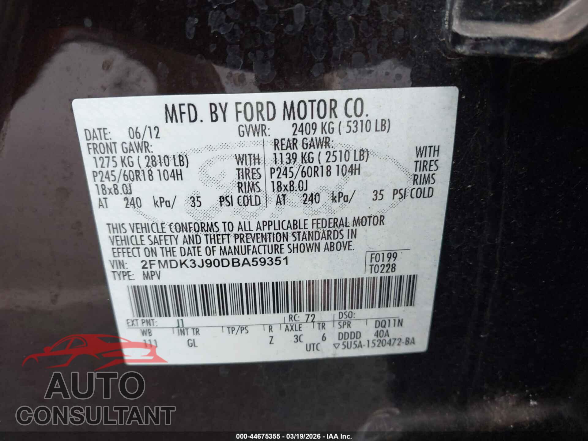 FORD EDGE 2013 - 2FMDK3J90DBA59351