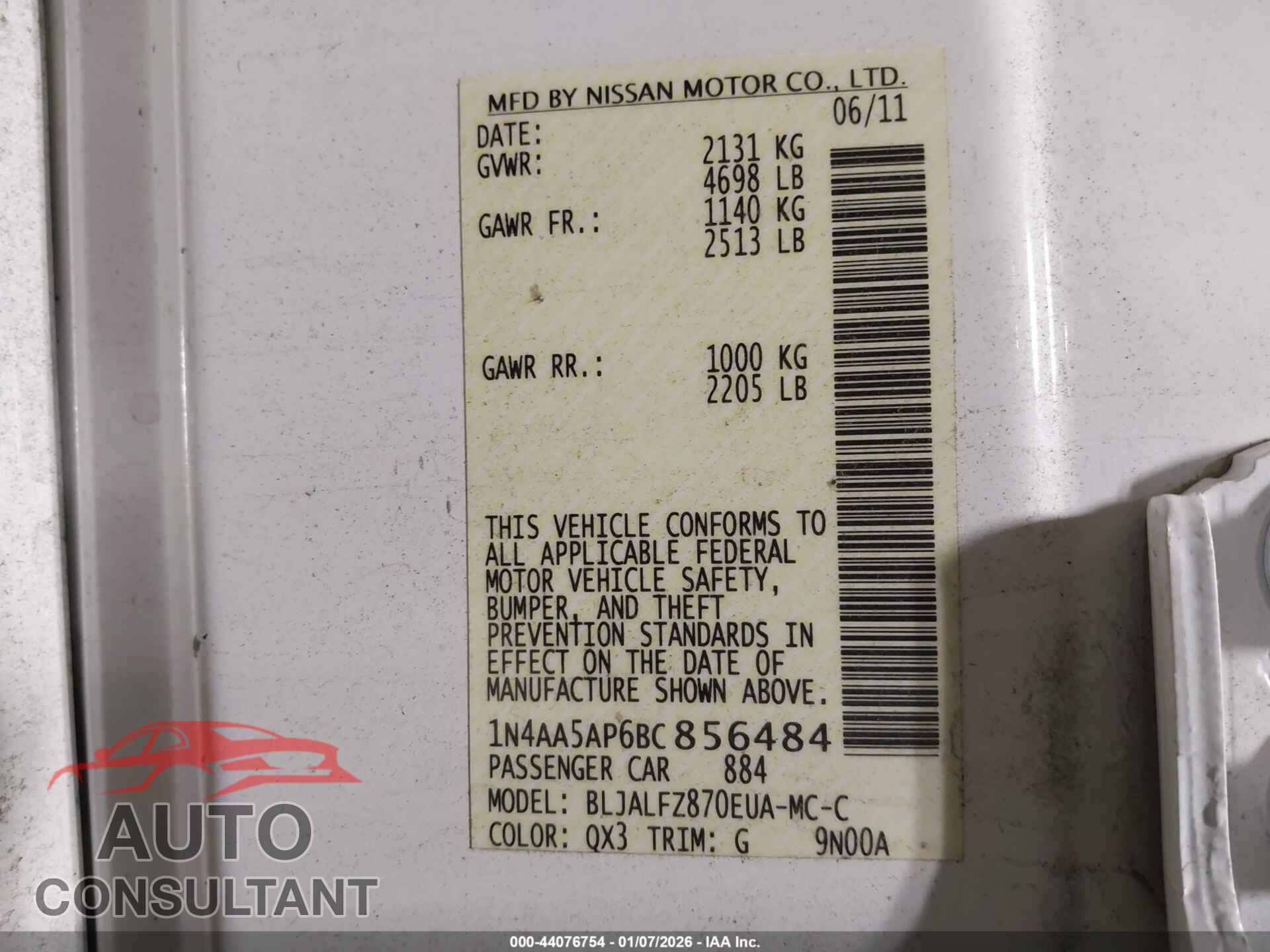 NISSAN MAXIMA 2011 - 1N4AA5AP6BC856484