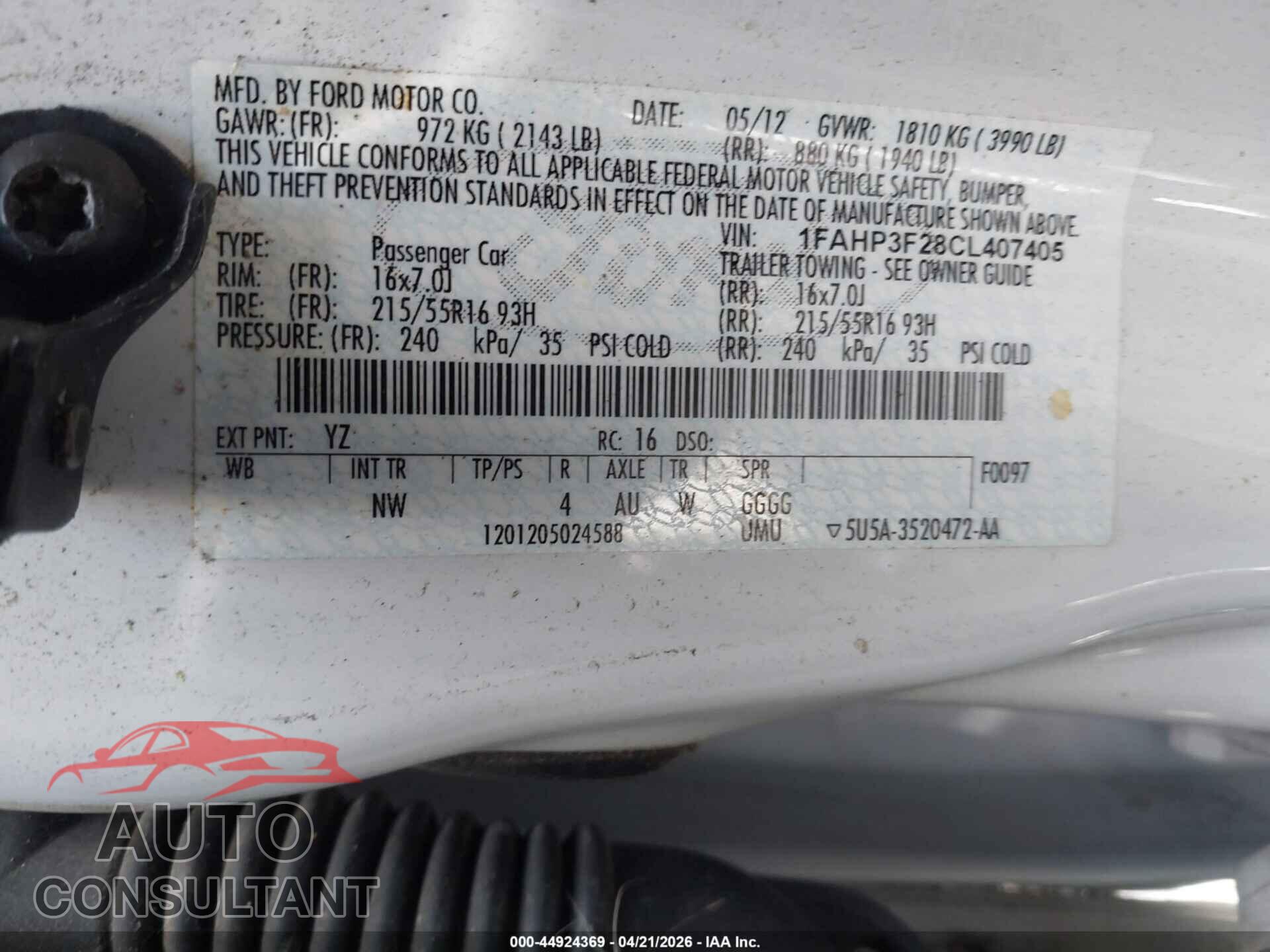 FORD FOCUS 2012 - 1FAHP3F28CL407405
