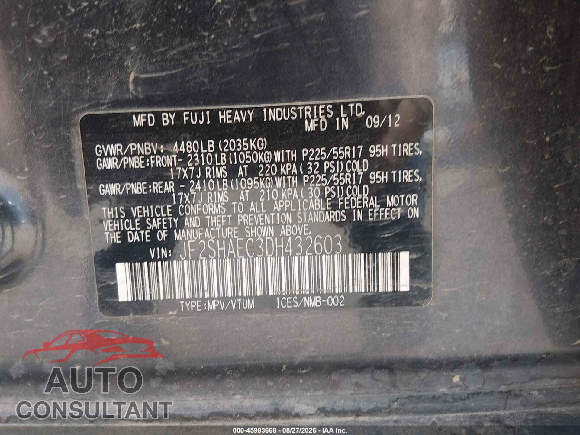 SUBARU FORESTER 2013 - JF2SHAEC3DH432603
