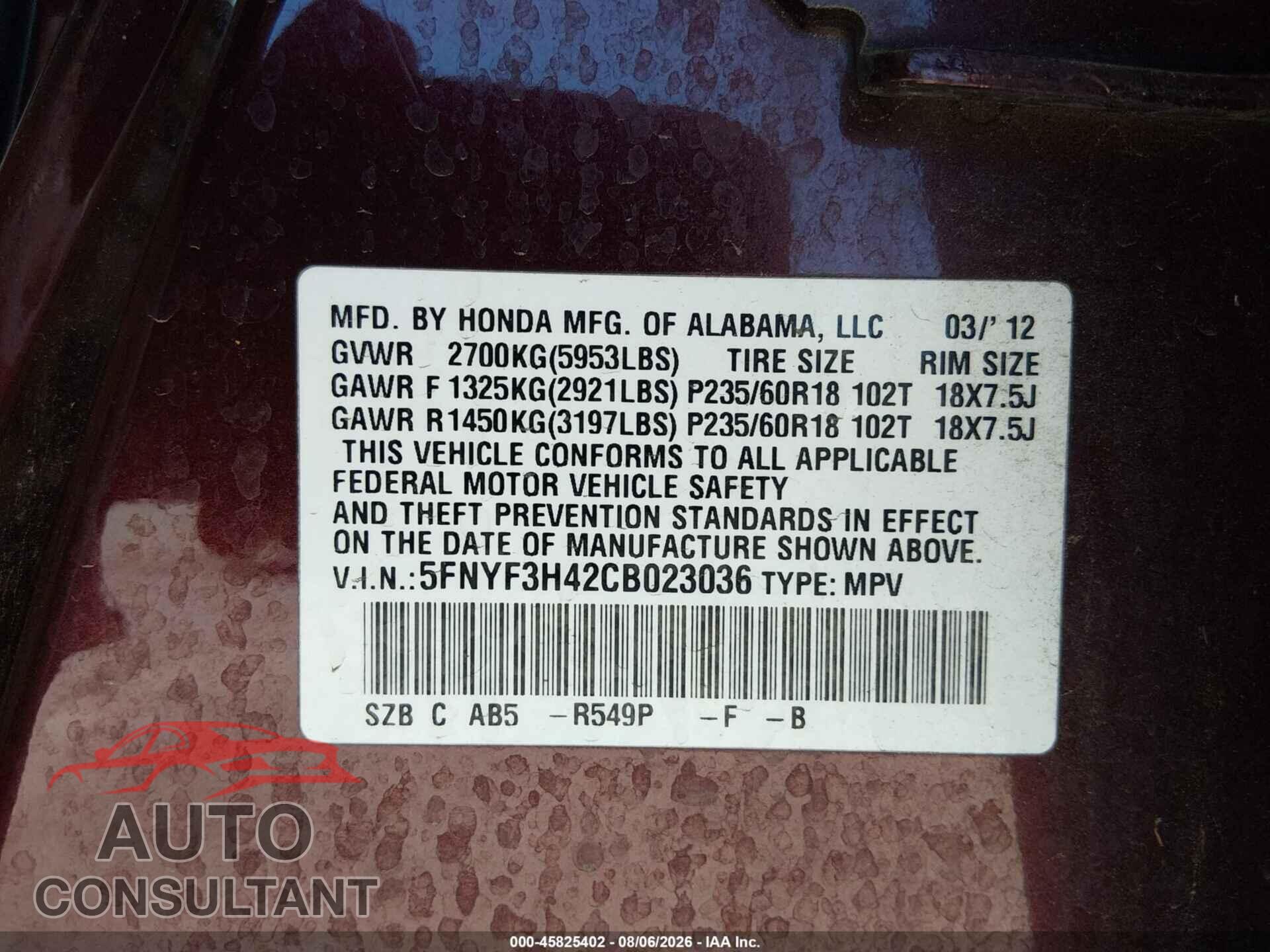 HONDA PILOT 2012 - 5FNYF3H42CB023036