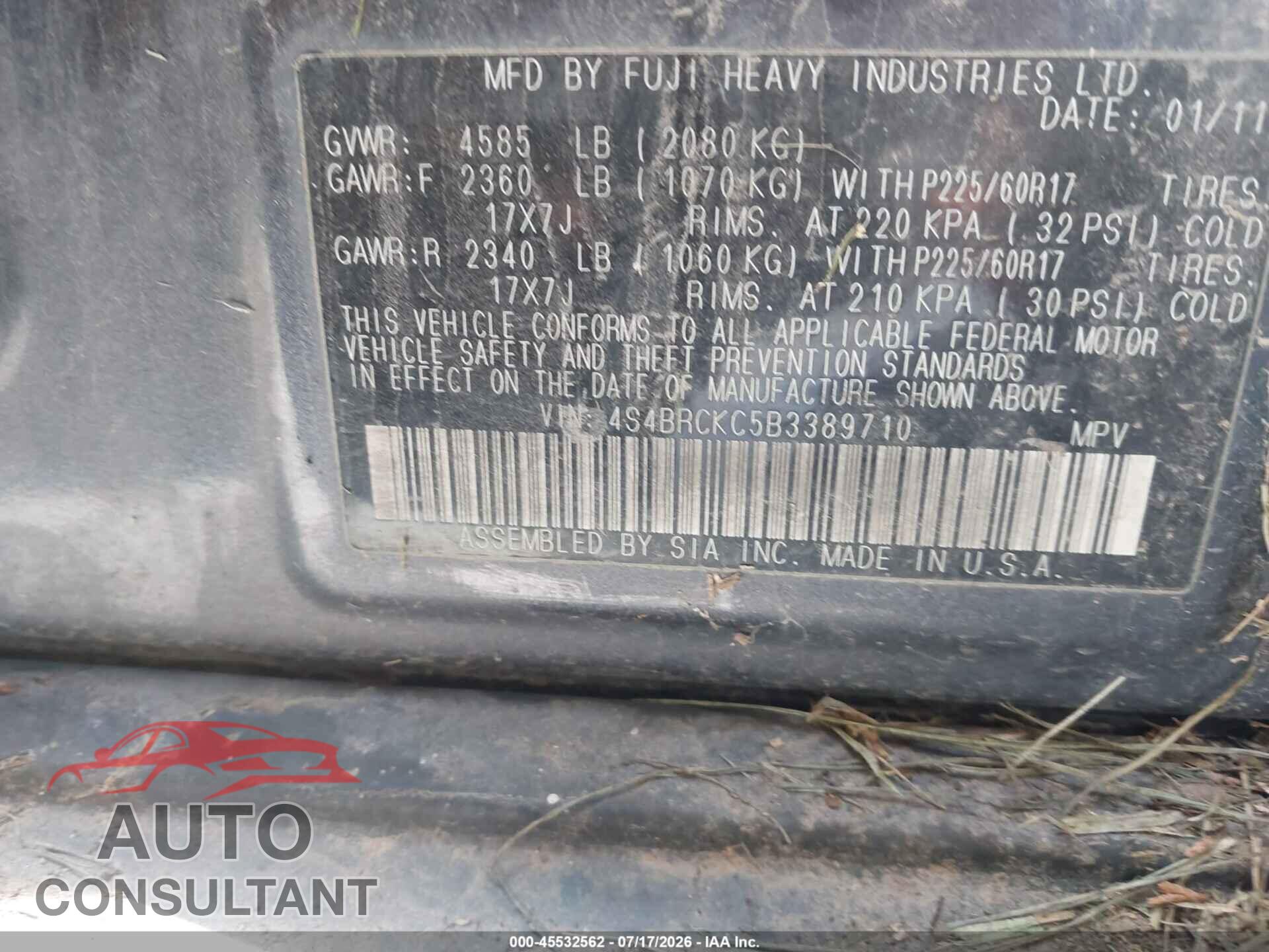 SUBARU OUTBACK 2011 - 4S4BRCKC5B3389710