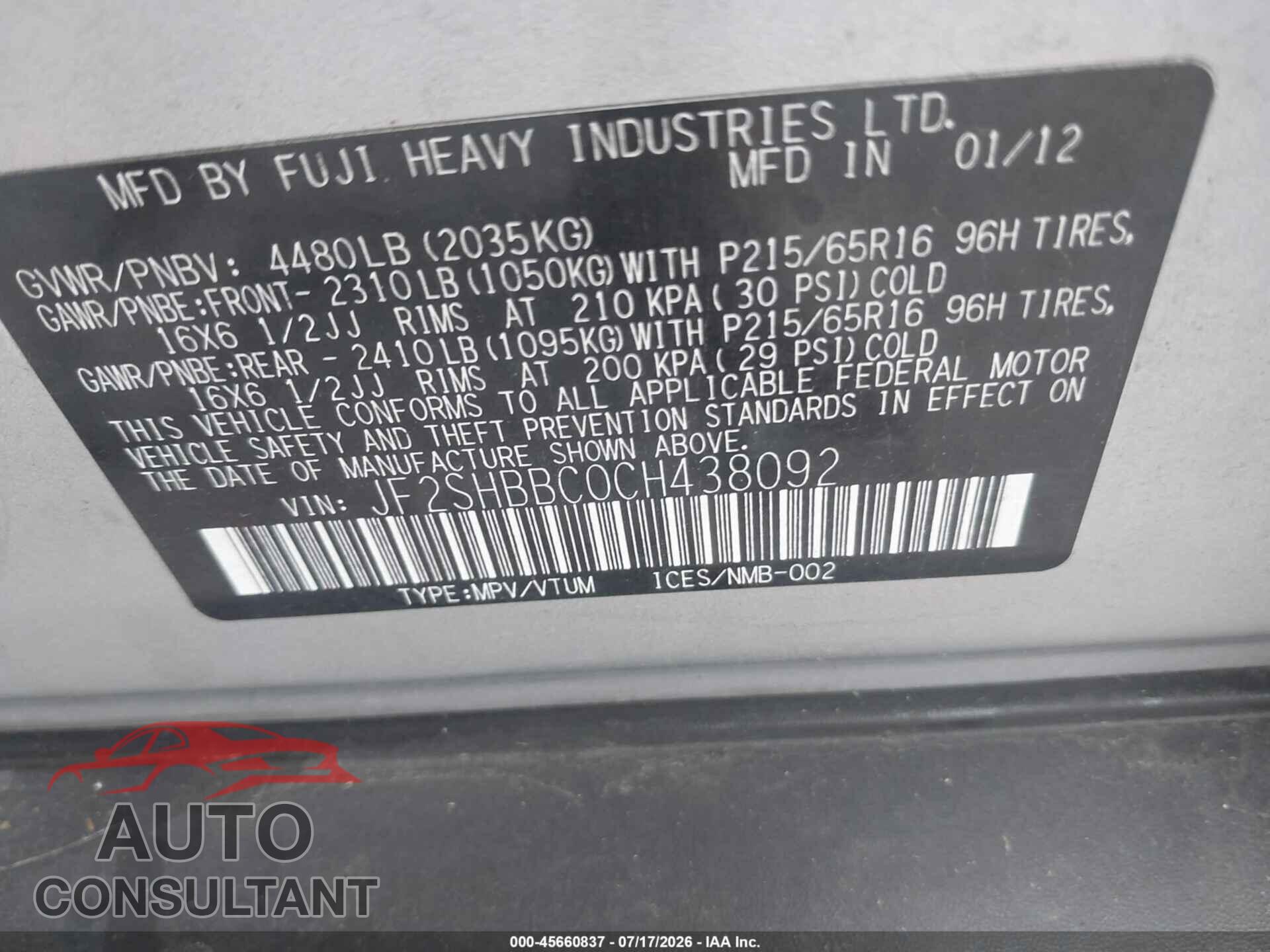SUBARU FORESTER 2012 - JF2SHBBC0CH438092