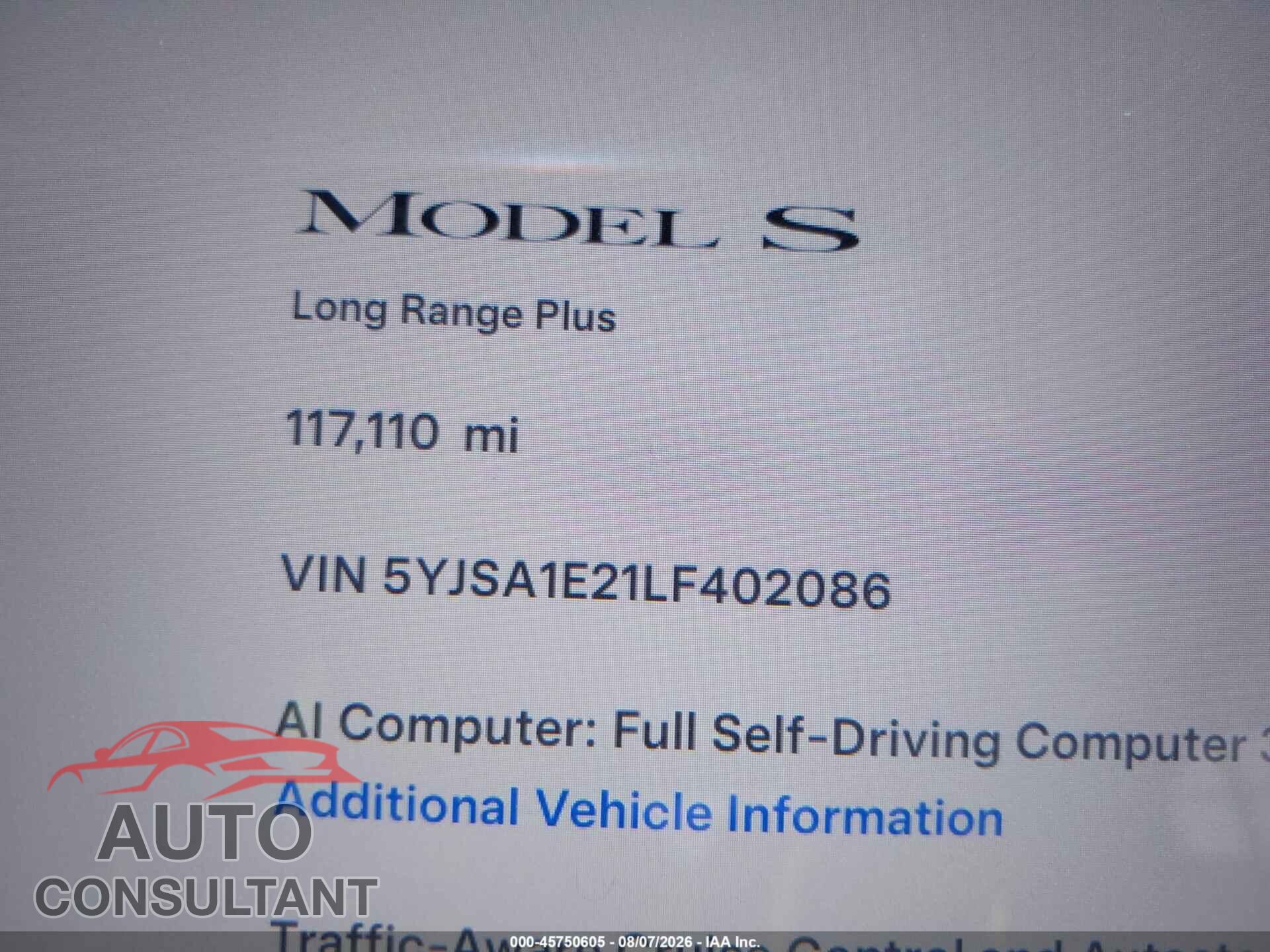TESLA MODEL S 2020 - 5YJSA1E21LF402086