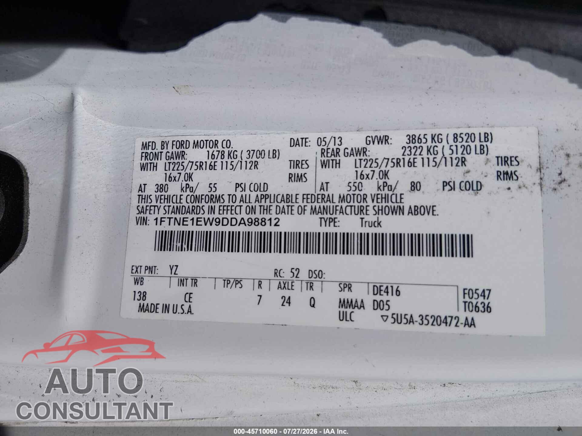 FORD E-150 2013 - 1FTNE1EW9DDA98812