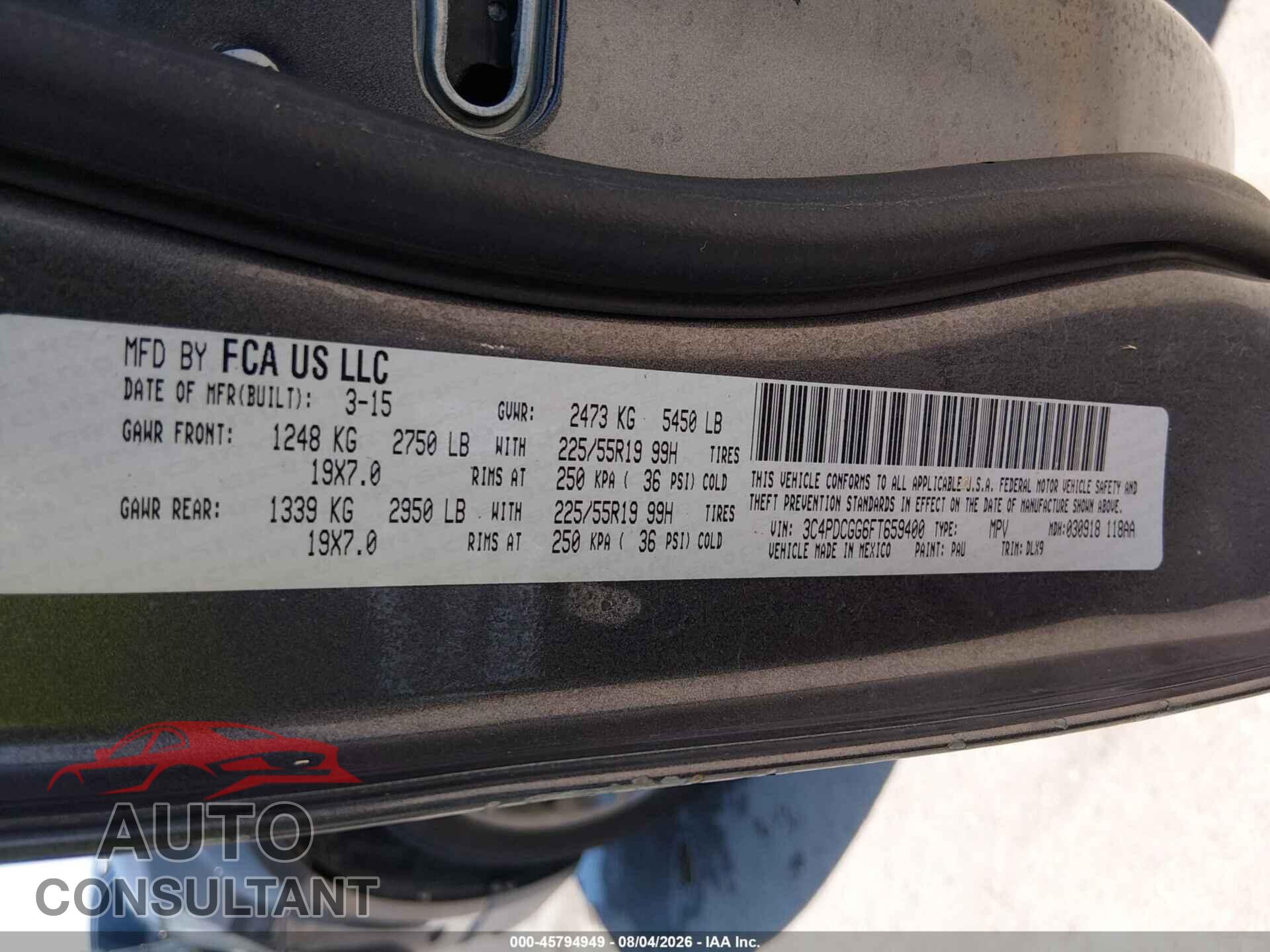 DODGE JOURNEY 2015 - 3C4PDCGG6FT659400