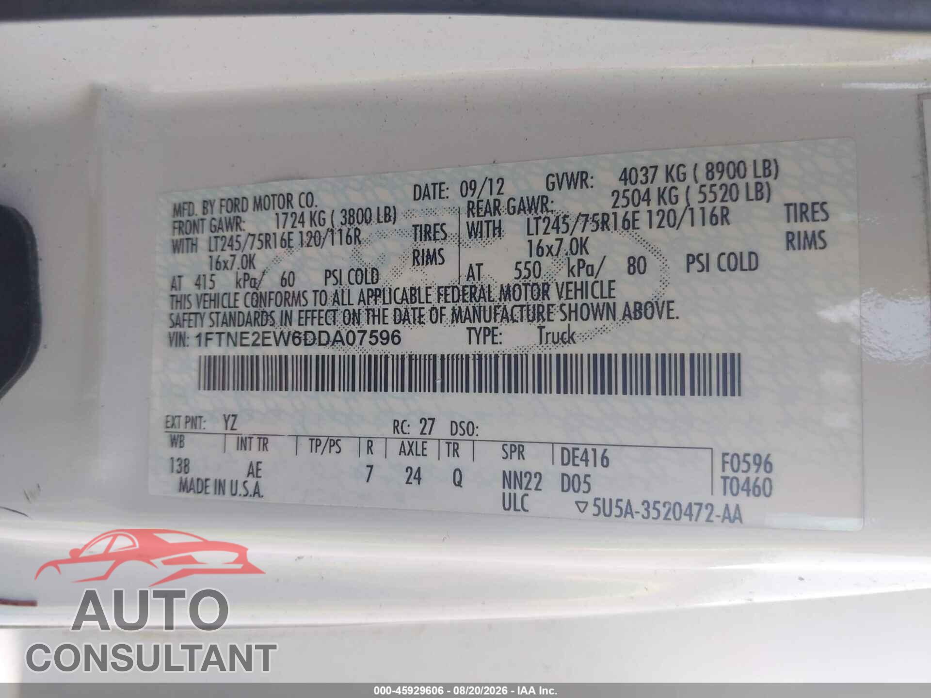FORD E-250 2013 - 1FTNE2EW6DDA07595