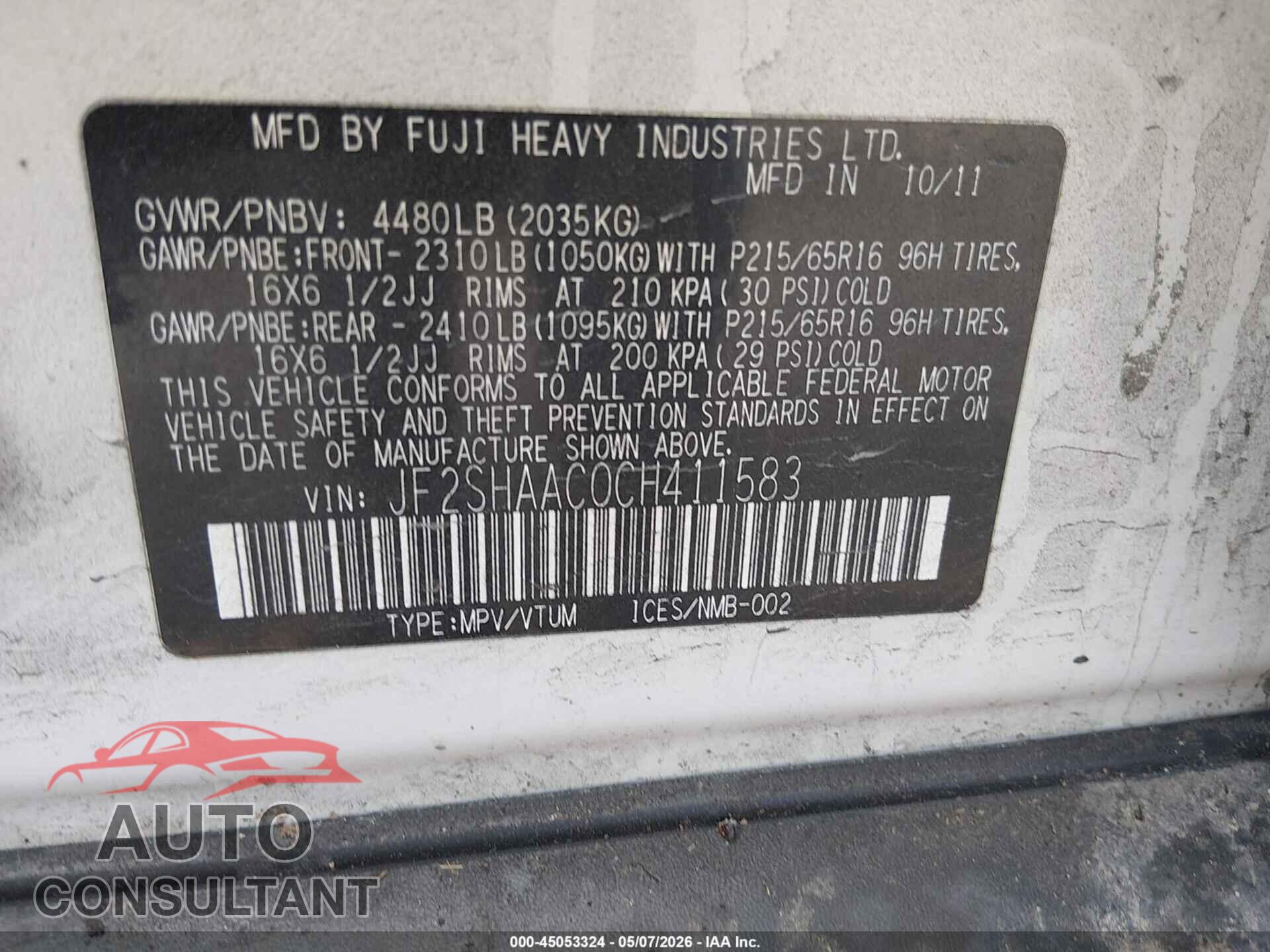 SUBARU FORESTER 2012 - JF2SHAAC0CH411583