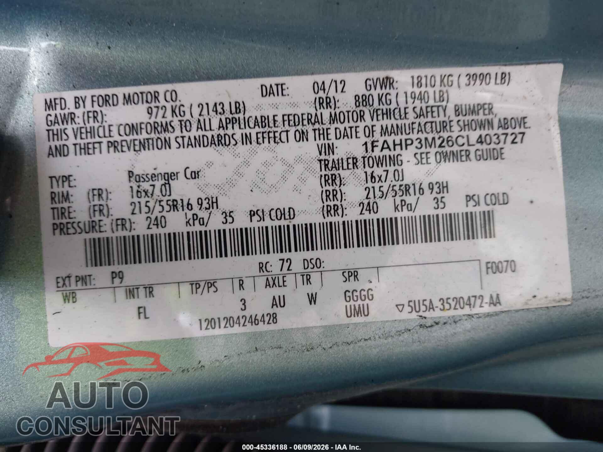 FORD FOCUS 2012 - 1FAHP3M26CL403727