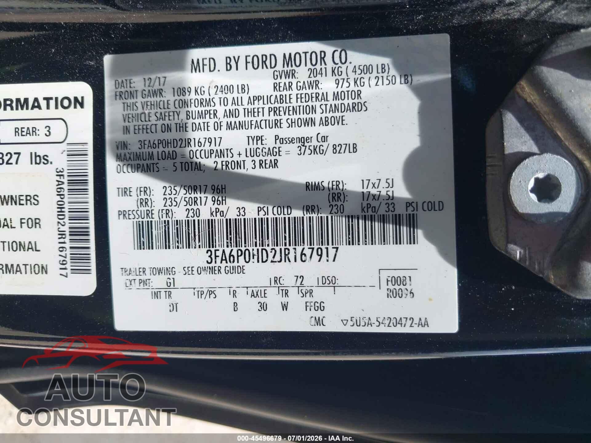 FORD FUSION 2018 - 3FA6P0HD2JR167917