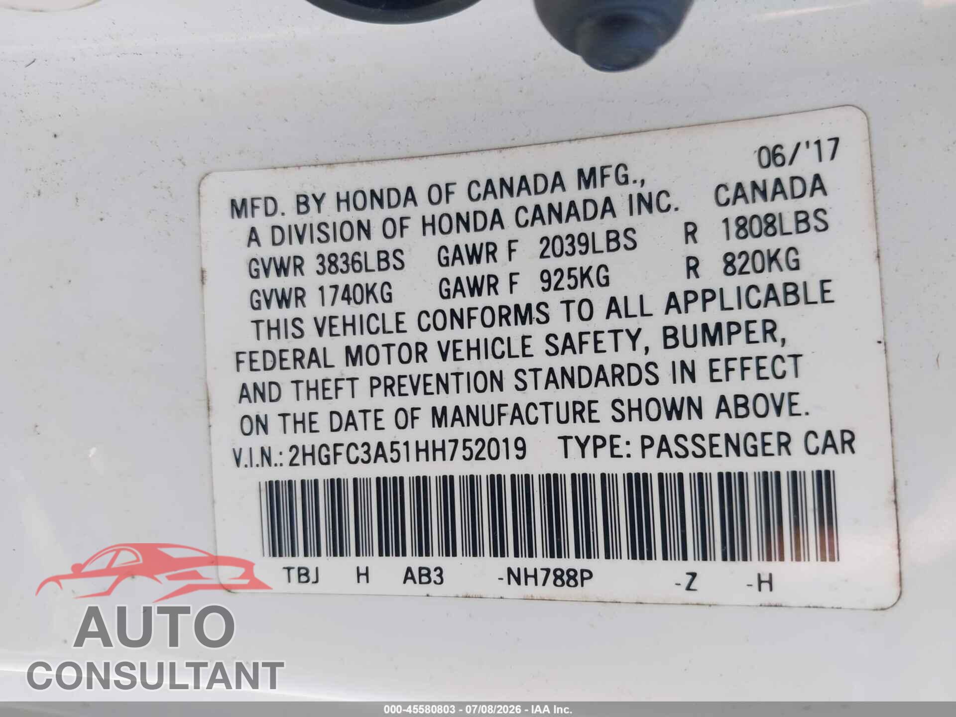 HONDA CIVIC 2017 - 2HGFC3A51HH752019