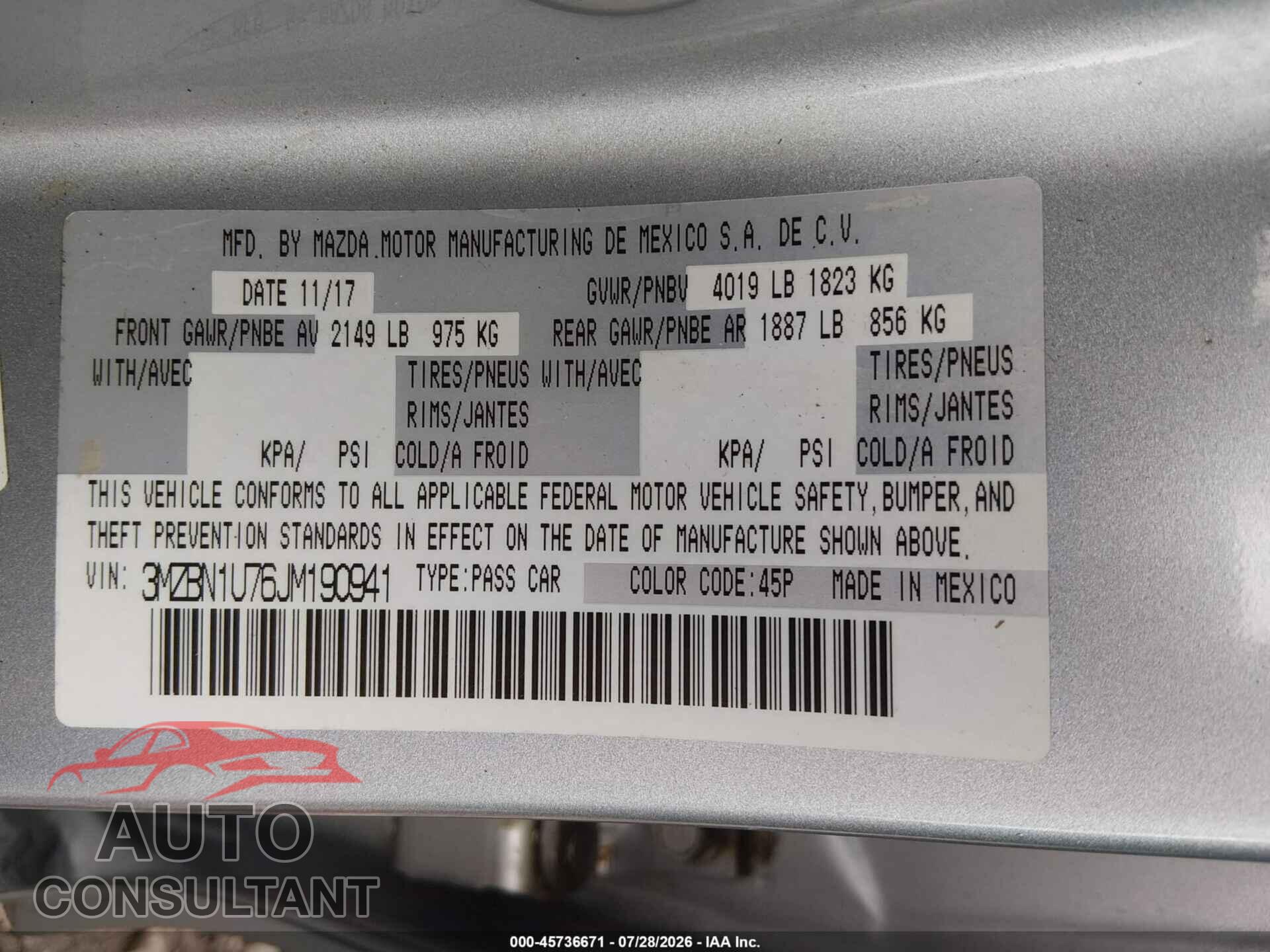MAZDA MAZDA3 2018 - 3MZBN1U76JM190941