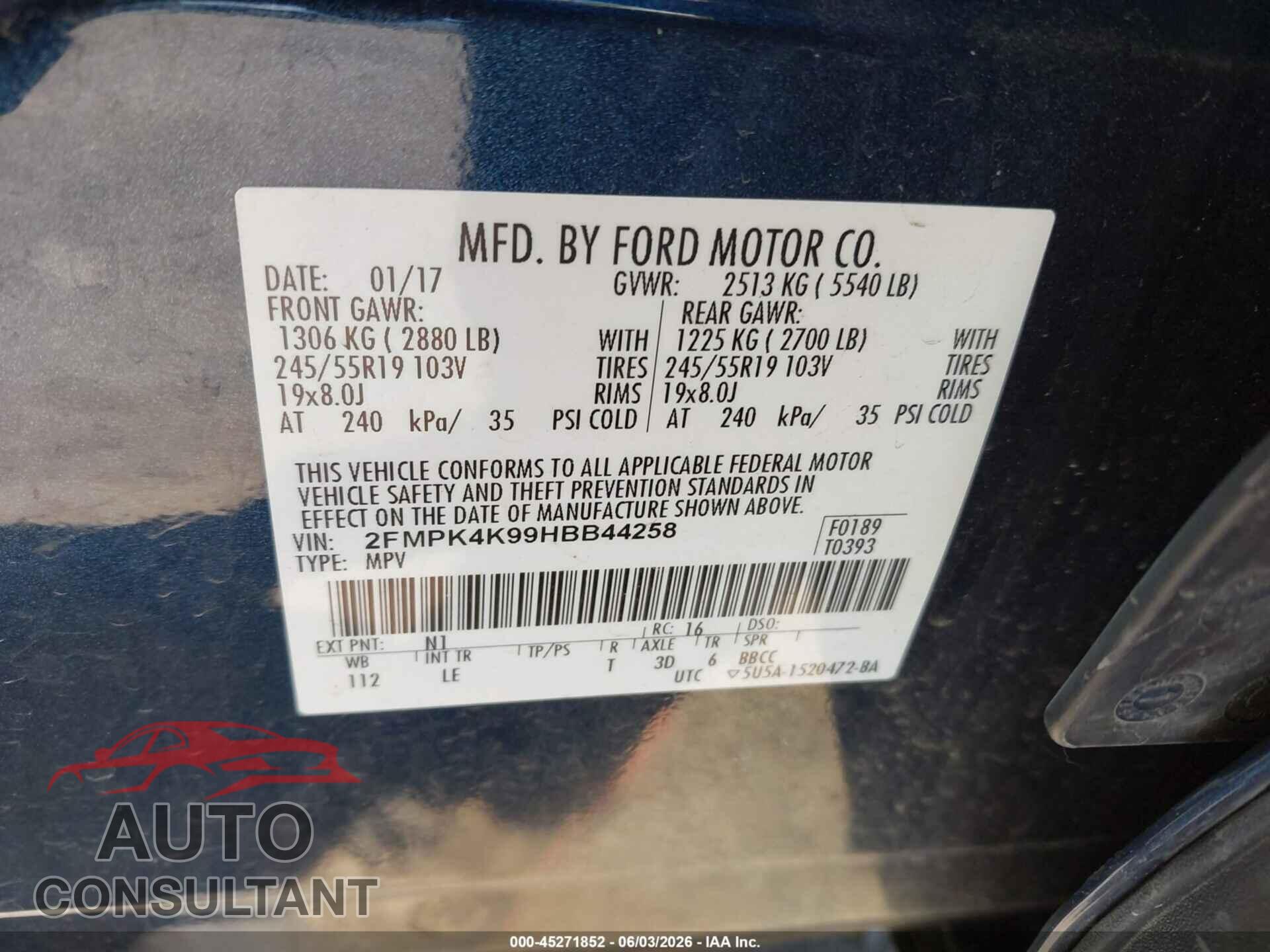 FORD EDGE 2017 - 2FMPK4K99HBB44258