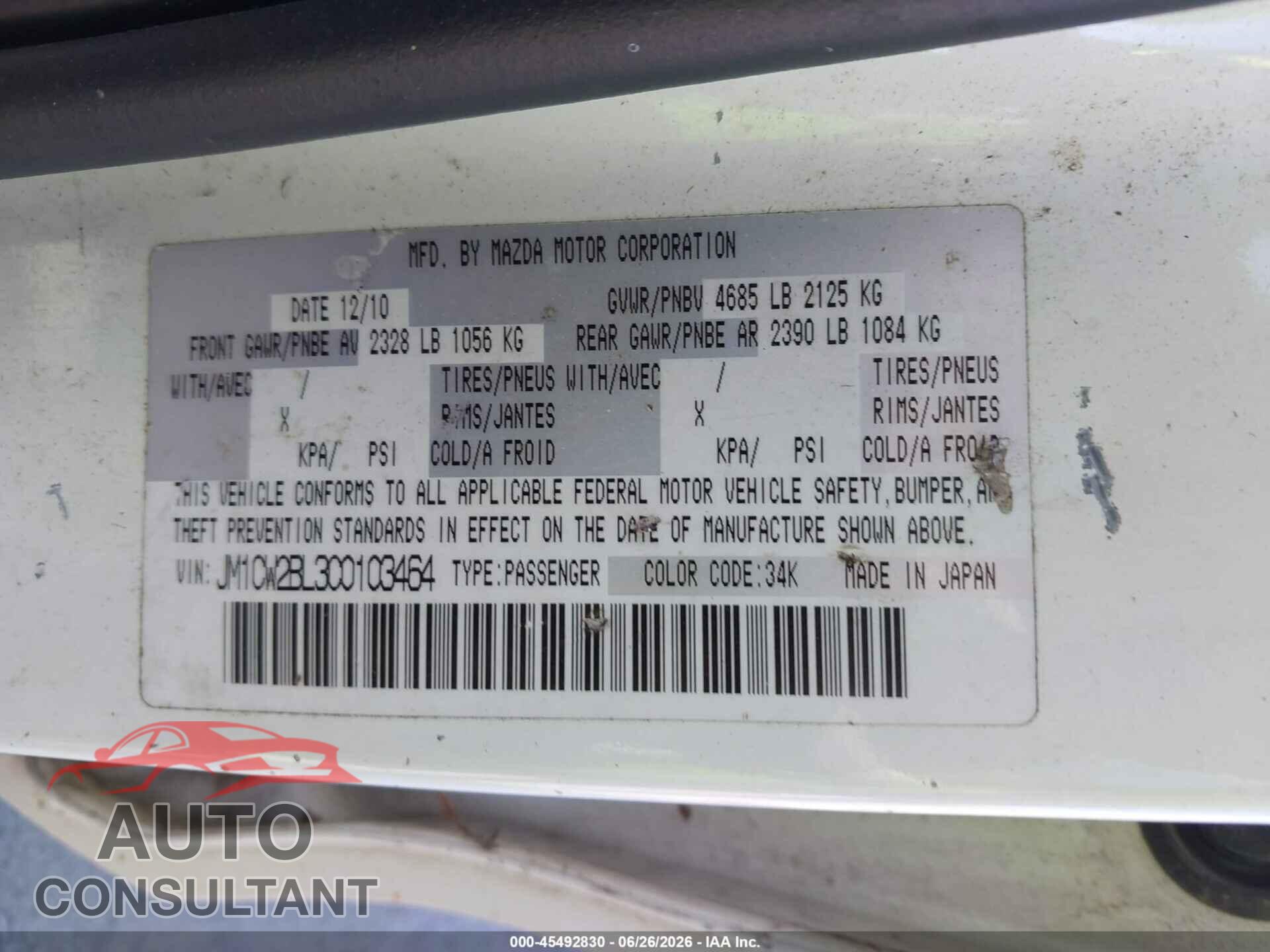 MAZDA MAZDA5 2012 - JM1CW2BL3C0103464