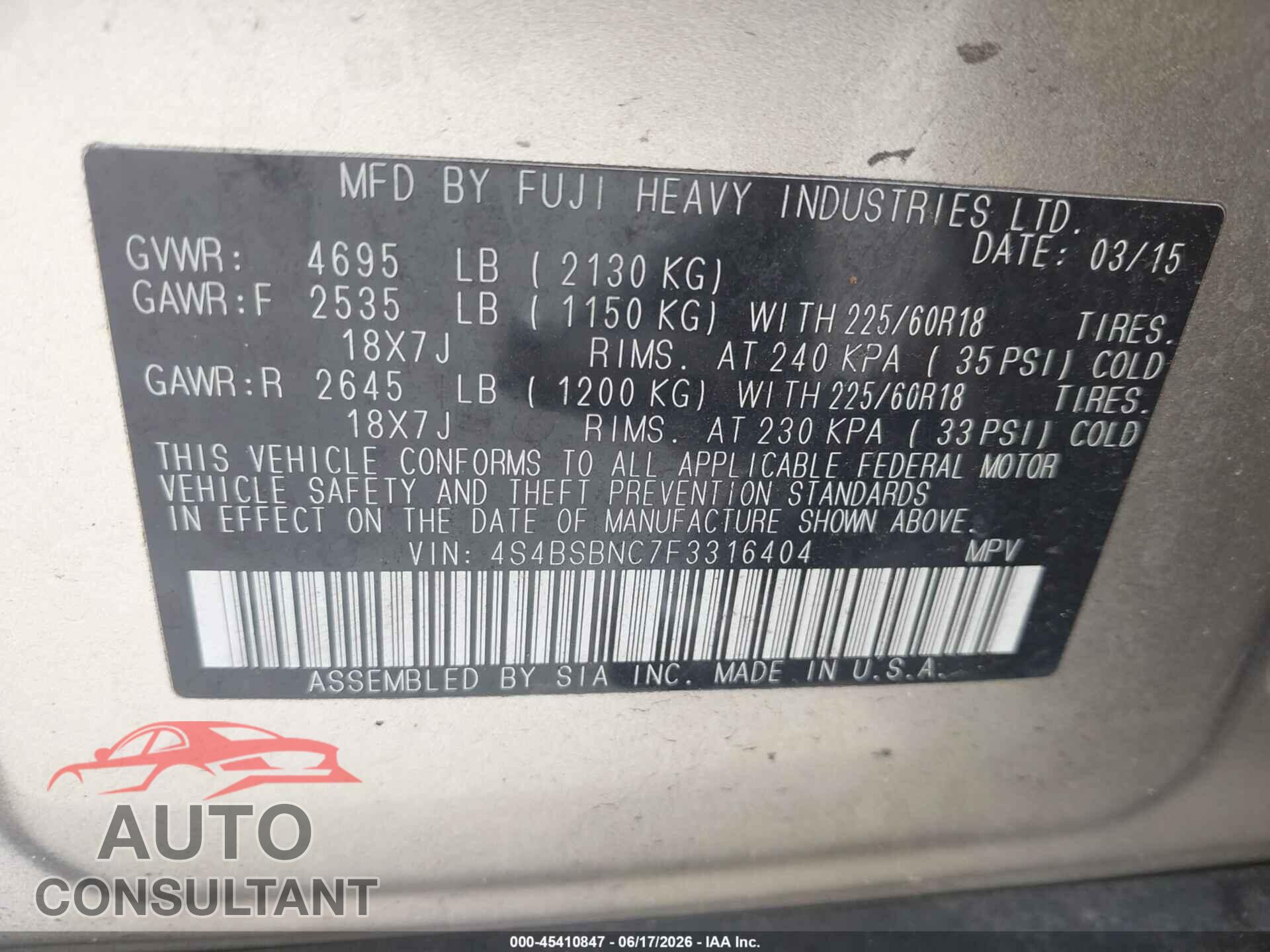 SUBARU OUTBACK 2015 - 4S4BSBNC7F3316404