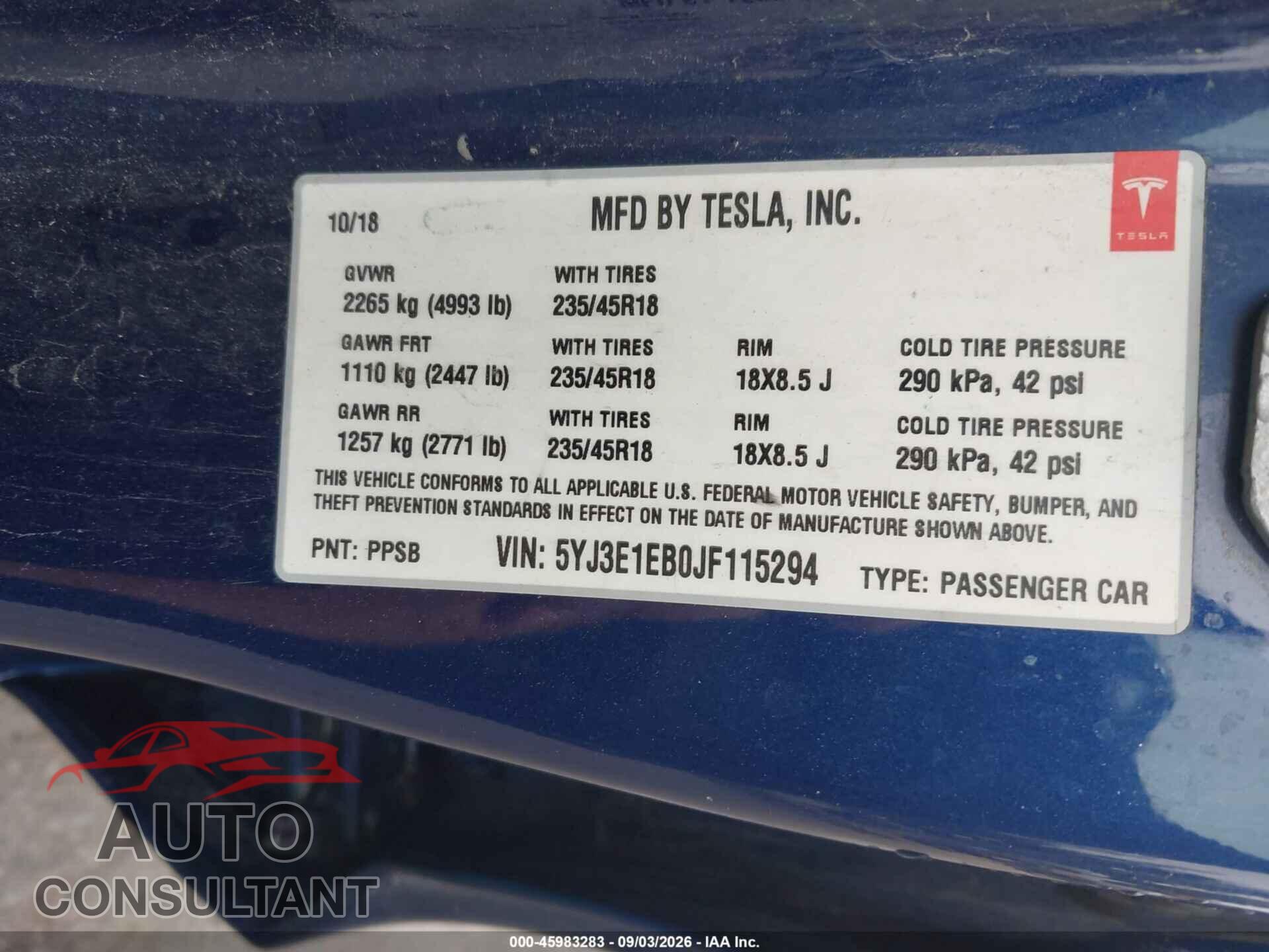 TESLA MODEL 3 2018 - 5YJ3E1EB0JF115294