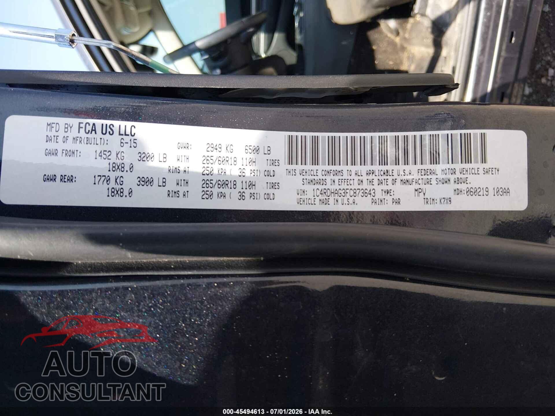 DODGE DURANGO 2015 - 1C4RDHAG3FC873643