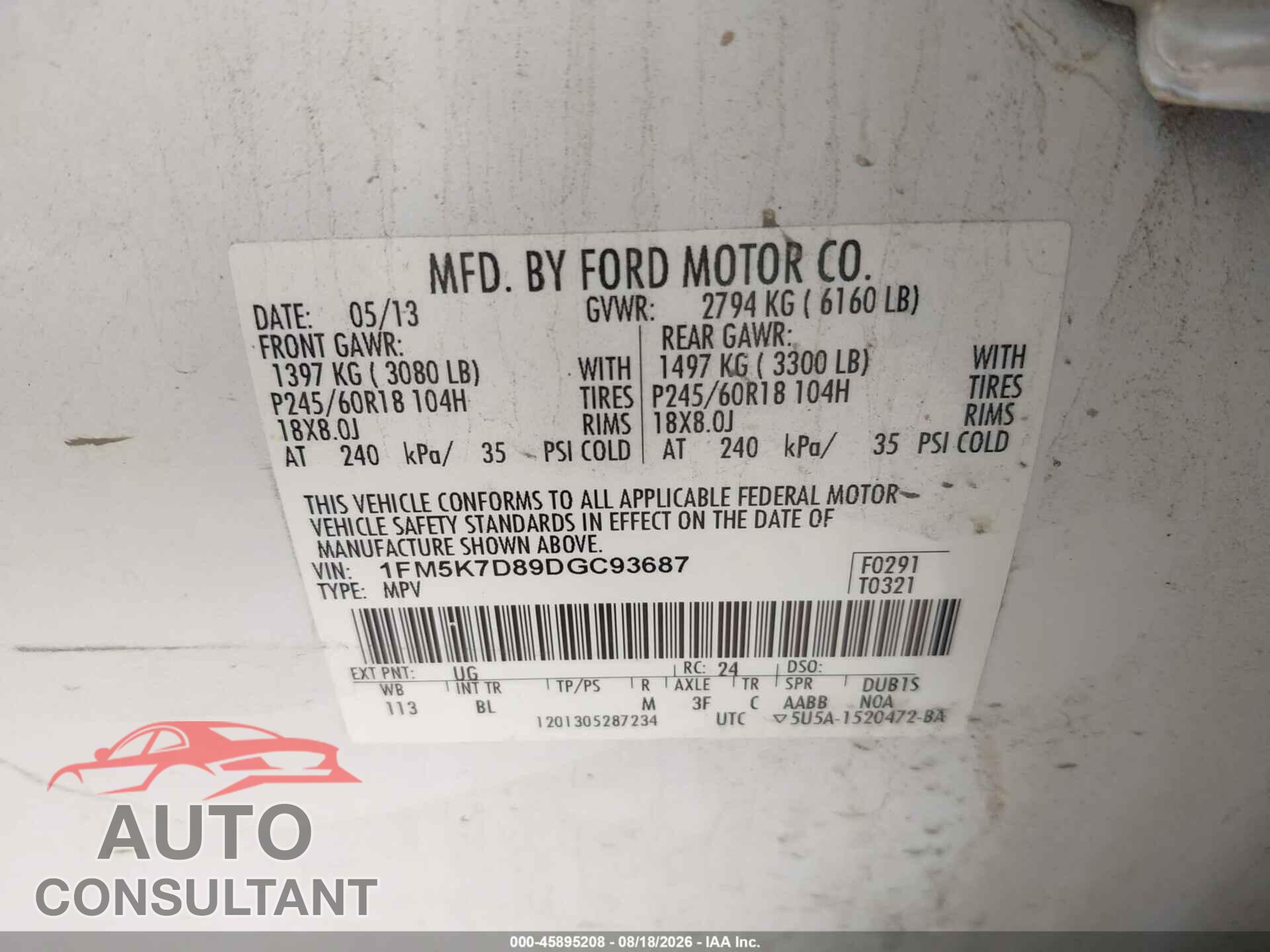 FORD EXPLORER 2013 - 1FM5K7D89DGC93687