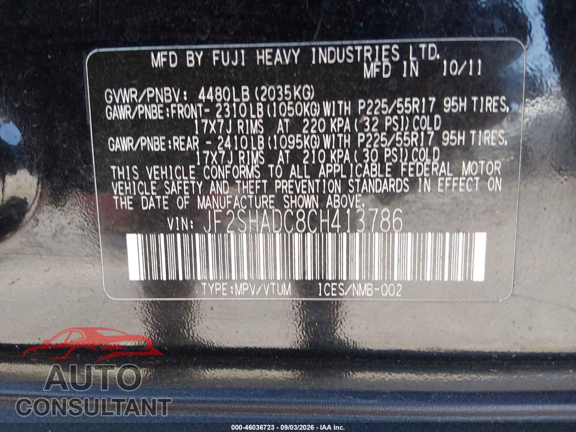 SUBARU FORESTER 2012 - JF2SHADC8CH413786