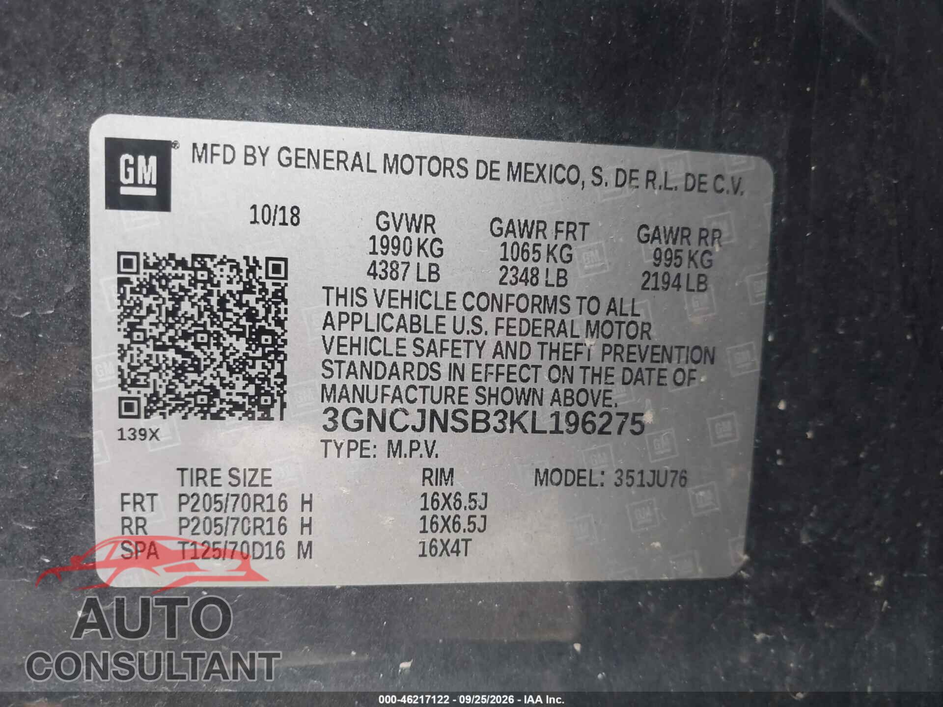 CHEVROLET TRAX 2019 - 3GNCJNSB3KL196275