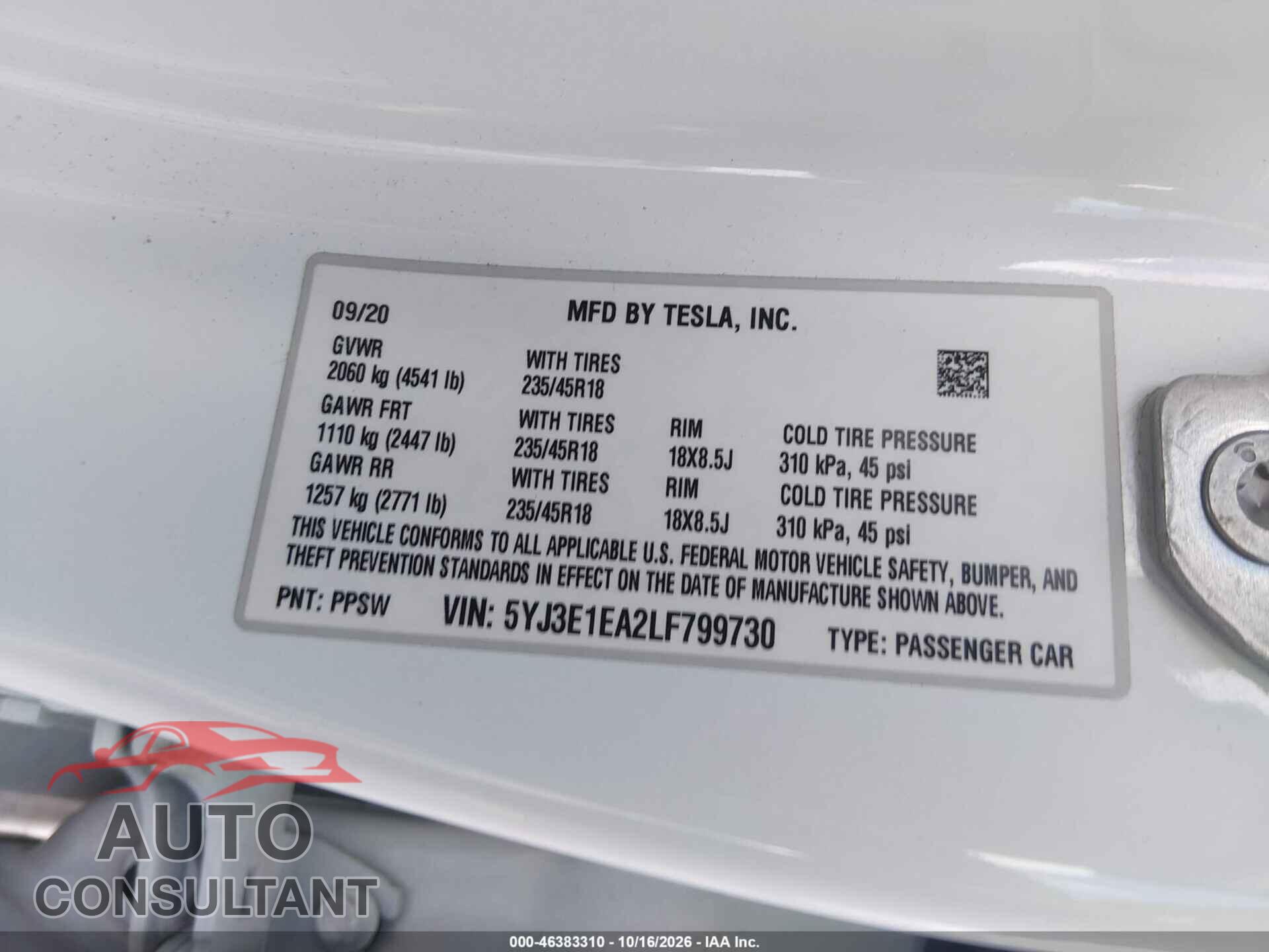 TESLA MODEL 3 2020 - 5YJ3E1EA2LF799730