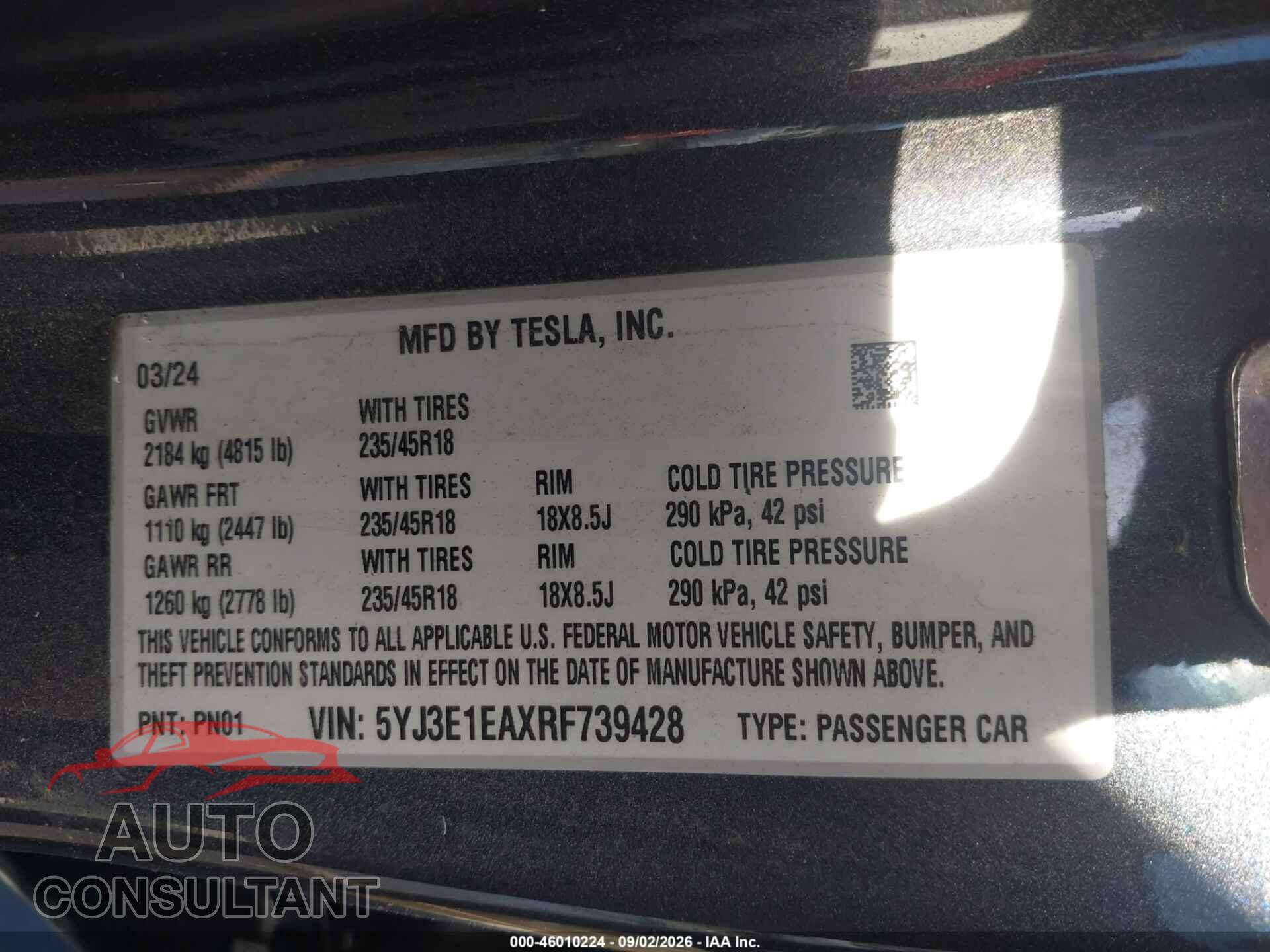 TESLA MODEL 3 2024 - 5YJ3E1EAXRF739428