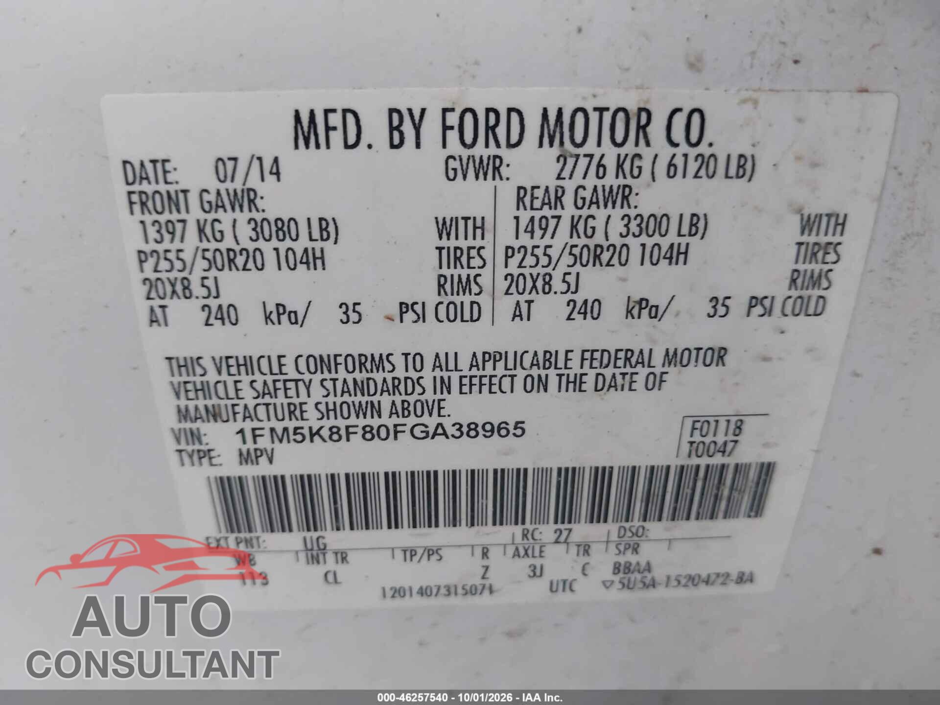 FORD EXPLORER 2015 - 1FM5K8F80FGA38965