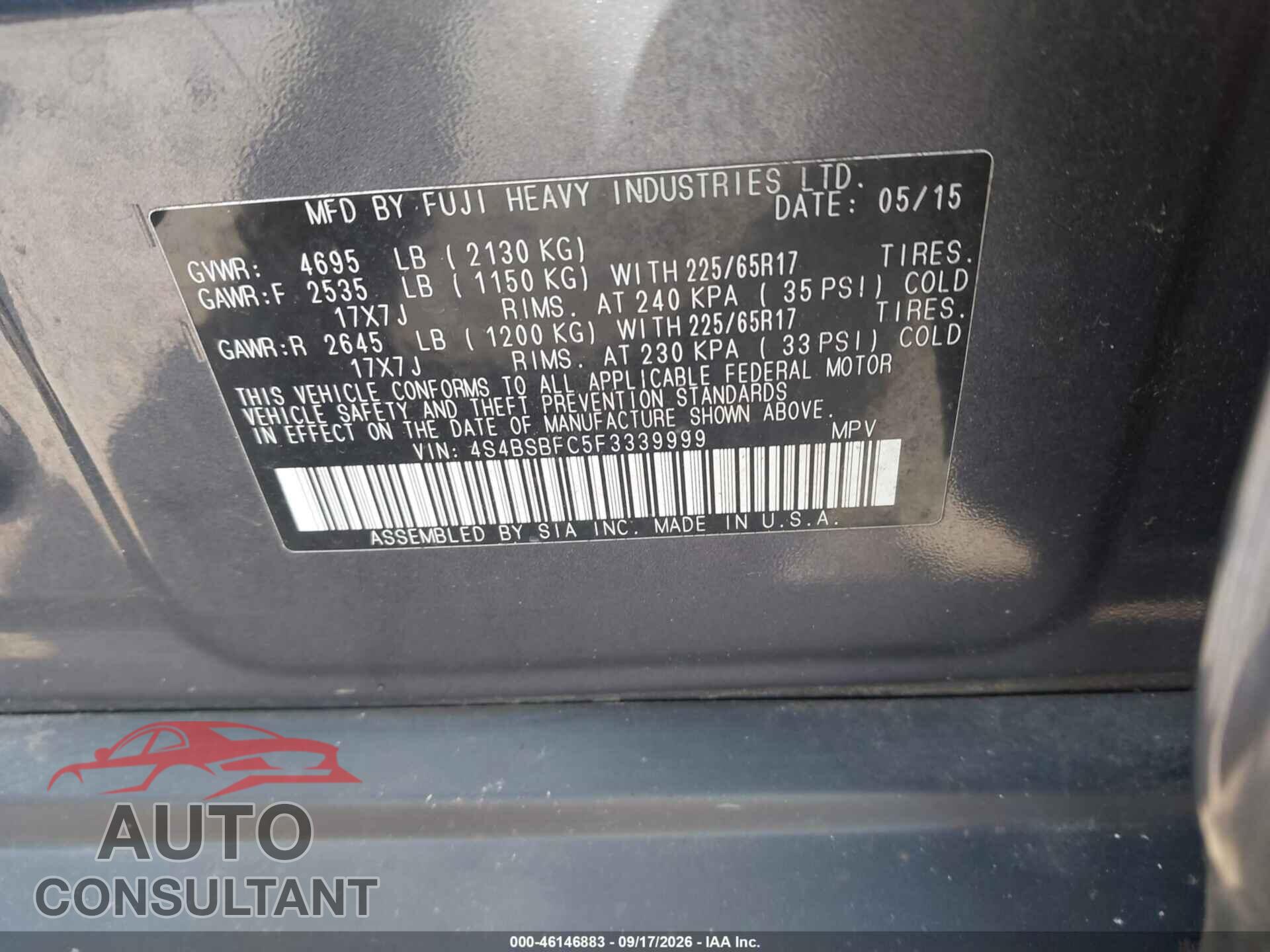 SUBARU OUTBACK 2015 - 4S4BSBFC5F3339999