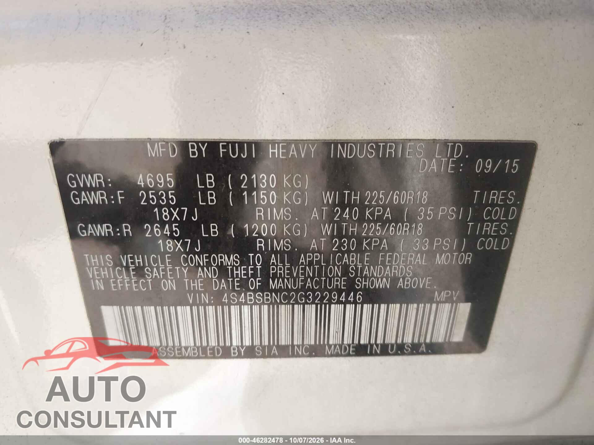 SUBARU OUTBACK 2016 - 4S4BSBNC2G3229446