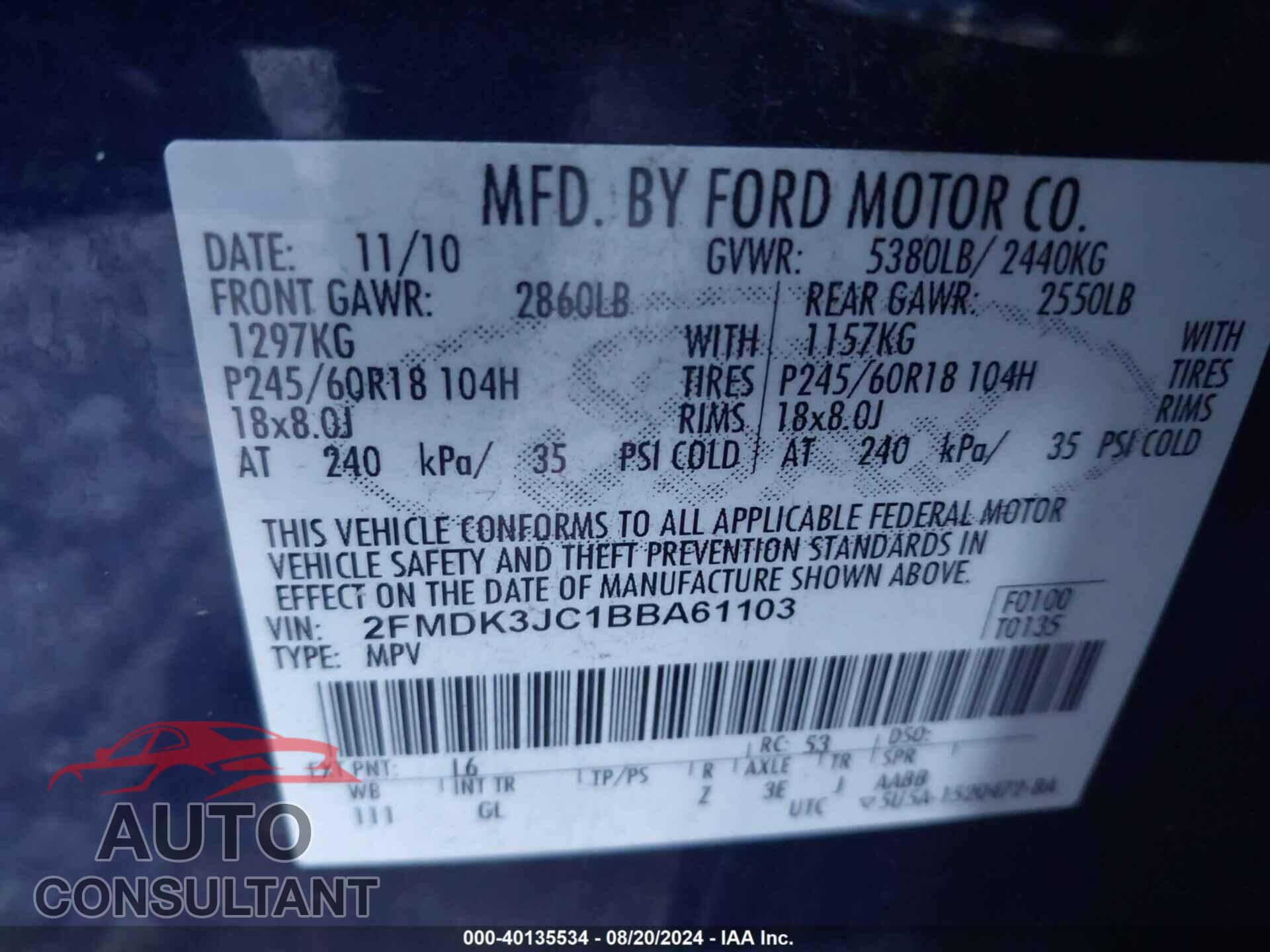 FORD EDGE 2011 - 2FMDK3JC1BBA61103