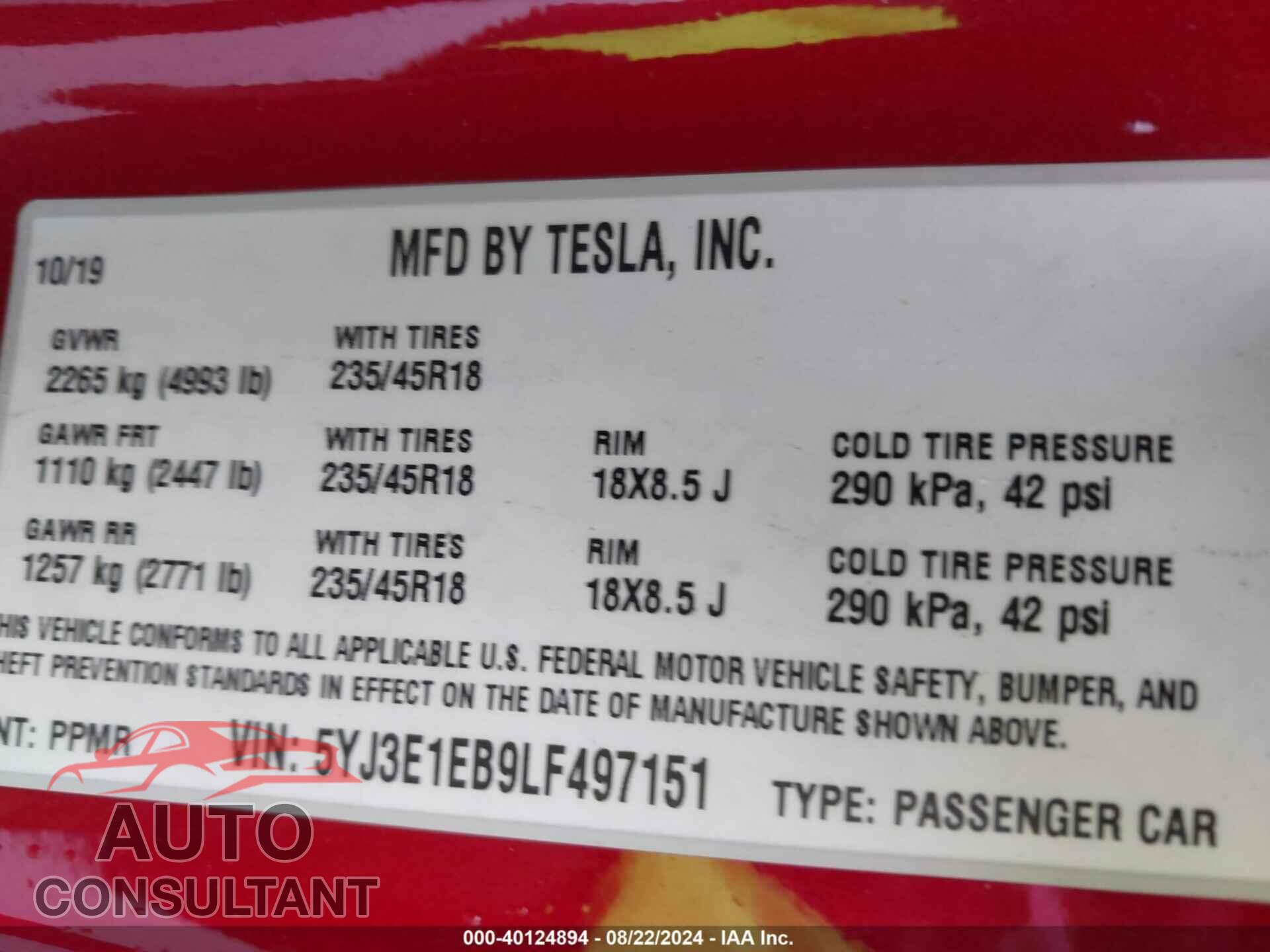 TESLA MODEL 3 2020 - 5YJ3E1EB9LF497151