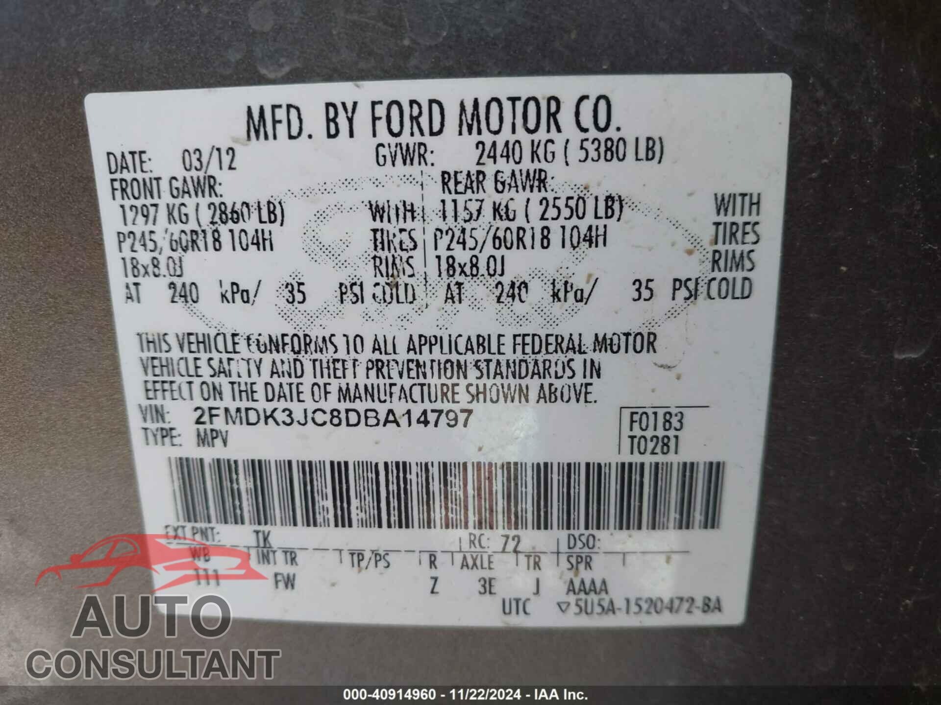 FORD EDGE 2013 - 2FMDK3JC8DBA14797