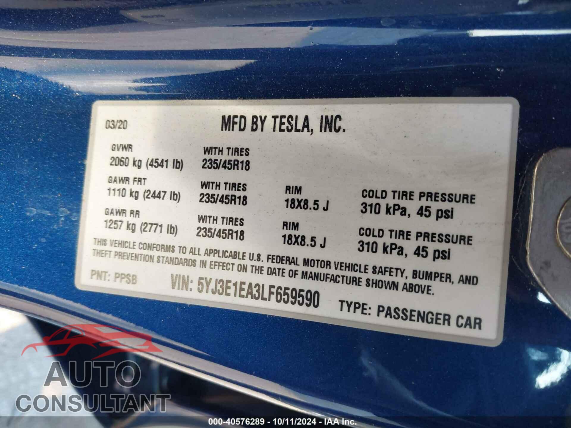 TESLA MODEL 3 2020 - 5YJ3E1EA3LF659590