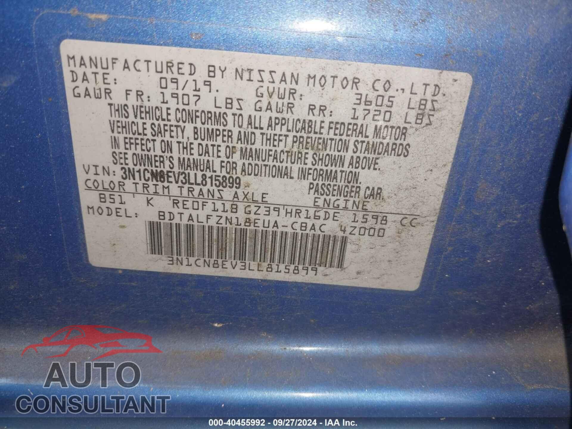 NISSAN VERSA 2020 - 3N1CN8EV3LL815899