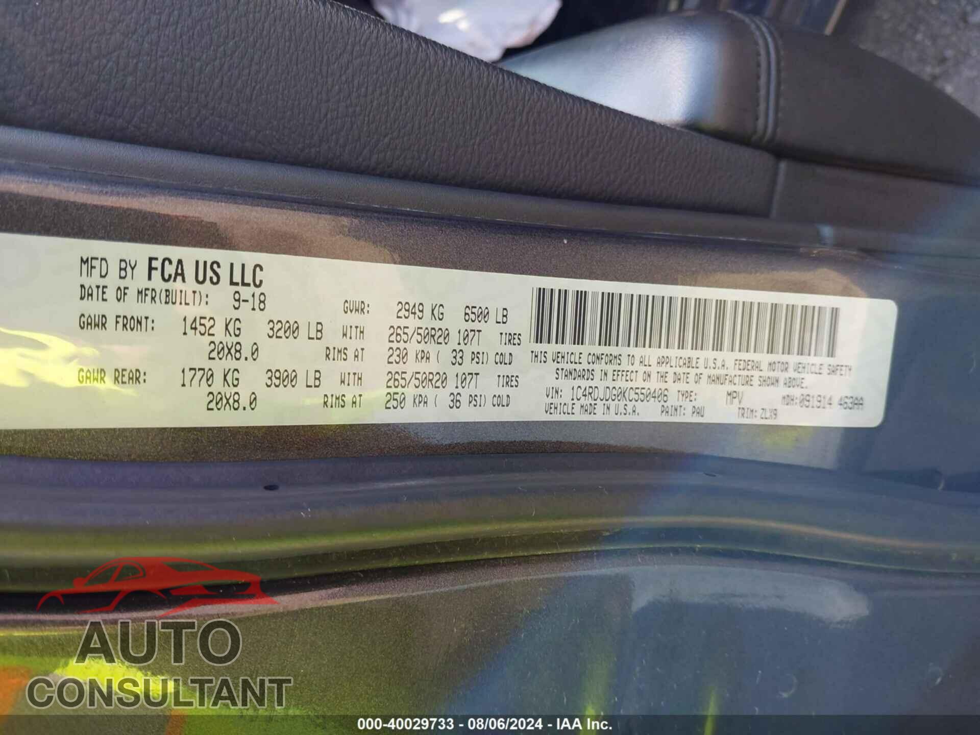 DODGE DURANGO 2019 - 1C4RDJDG0KC550406