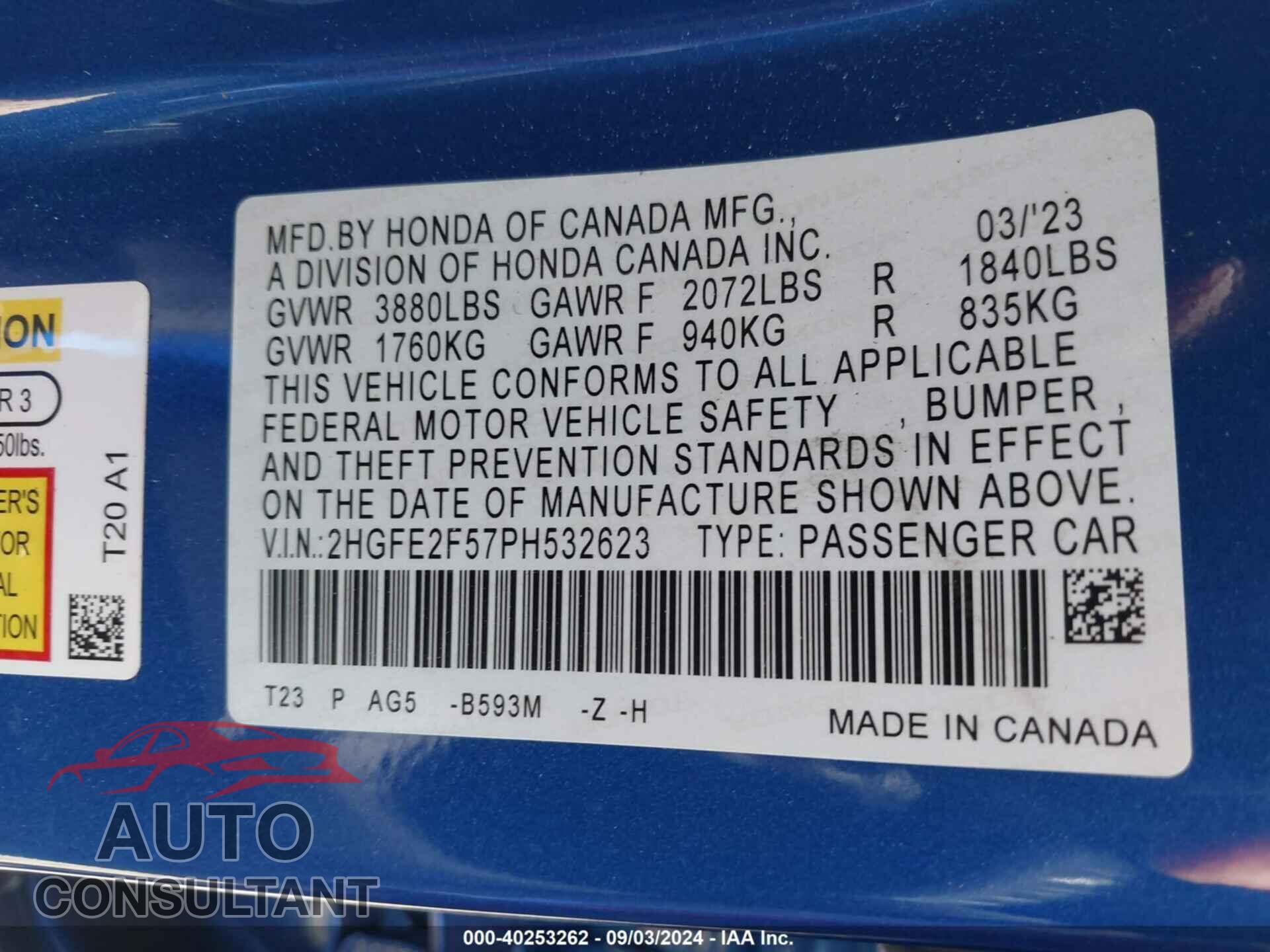 HONDA CIVIC 2023 - 2HGFE2F57PH532623