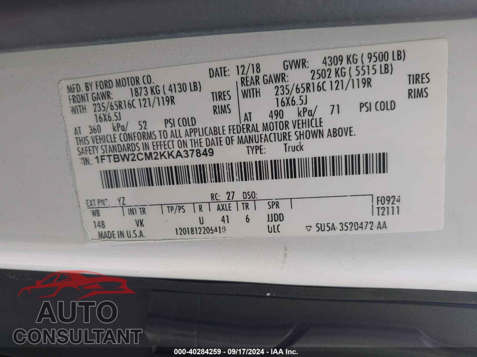 FORD TRANSIT-350 2019 - 1FTBW2CM2KKA37849