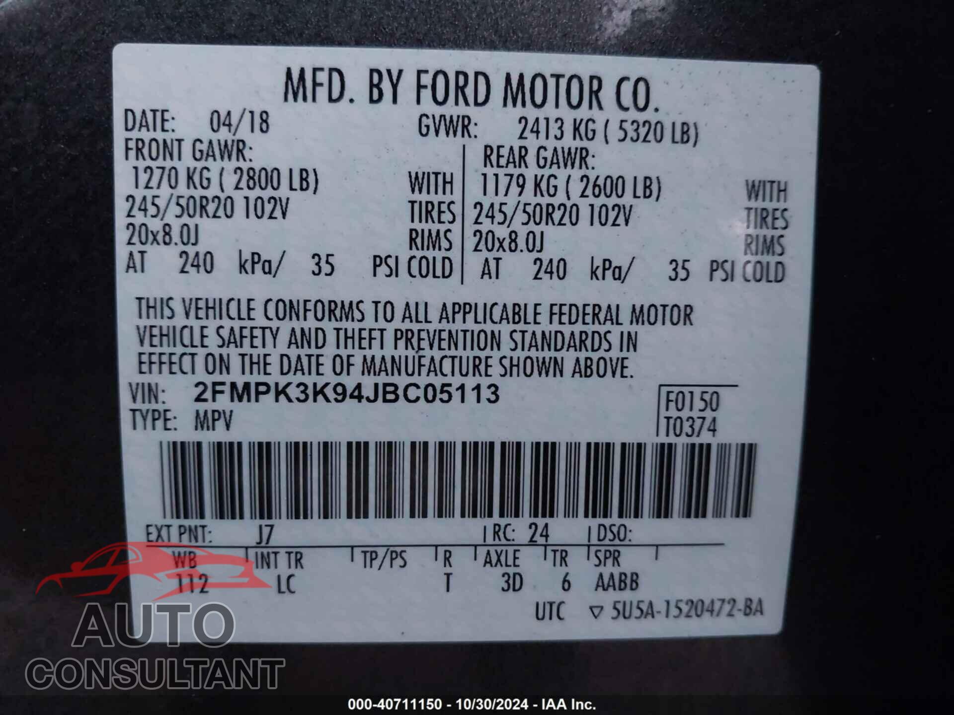 FORD EDGE 2018 - 2FMPK3K94JBC05113